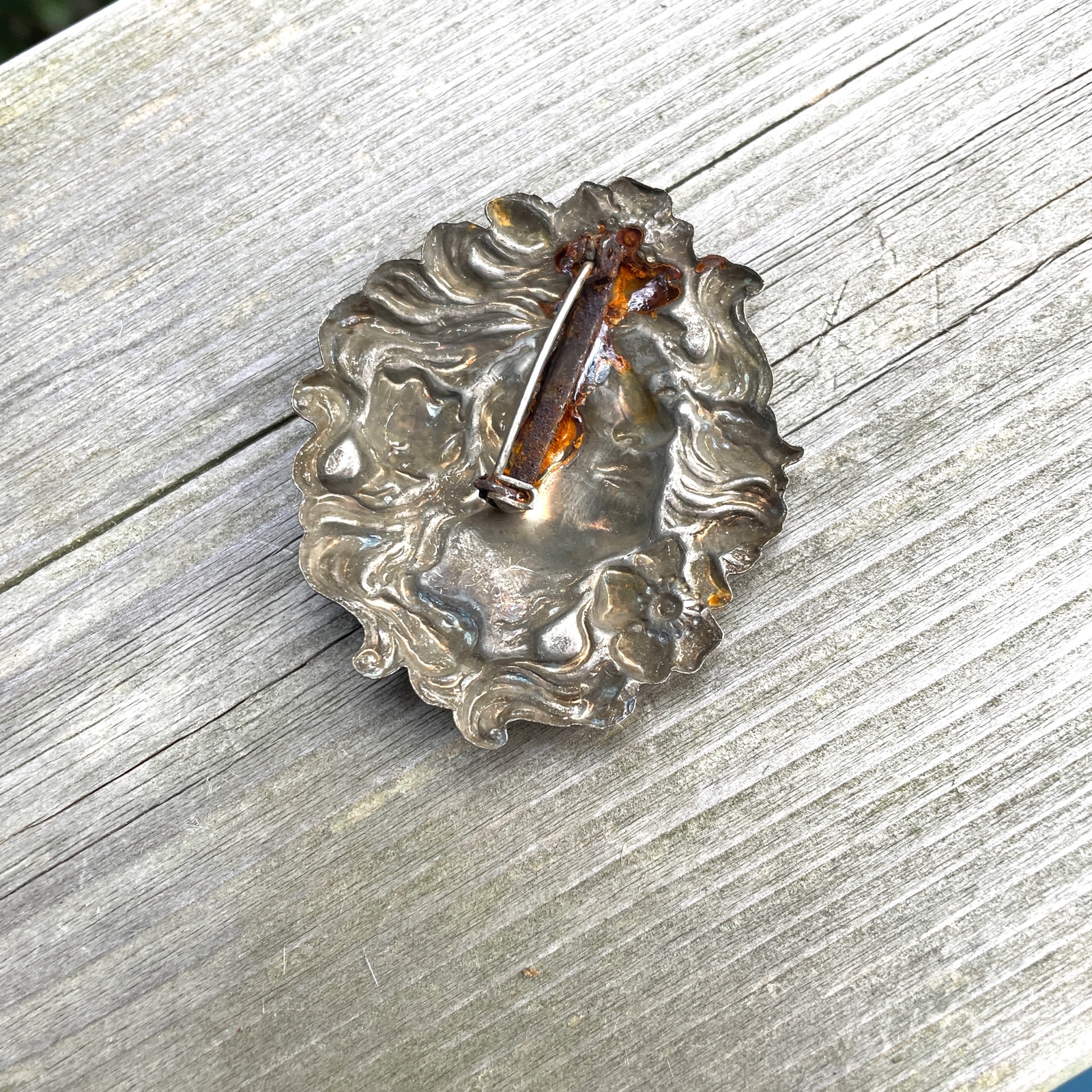 Vintage Deco Nouveau Girls Face Silver Metal Repurposed Repousse Pin