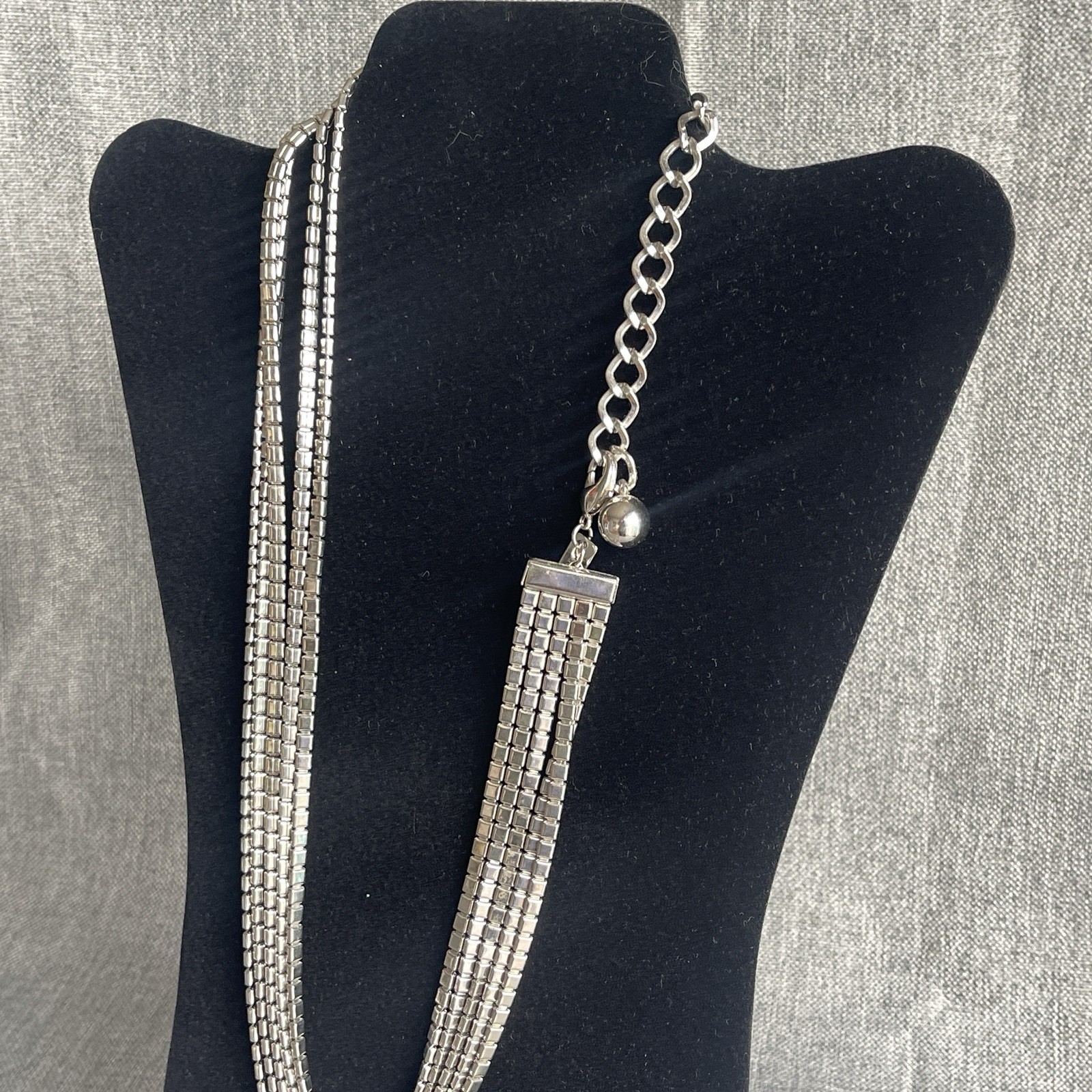 Vintage Silver Tone Metal Drape 5 Strand Necklace MCM Claw Clasp 25” Adjustable