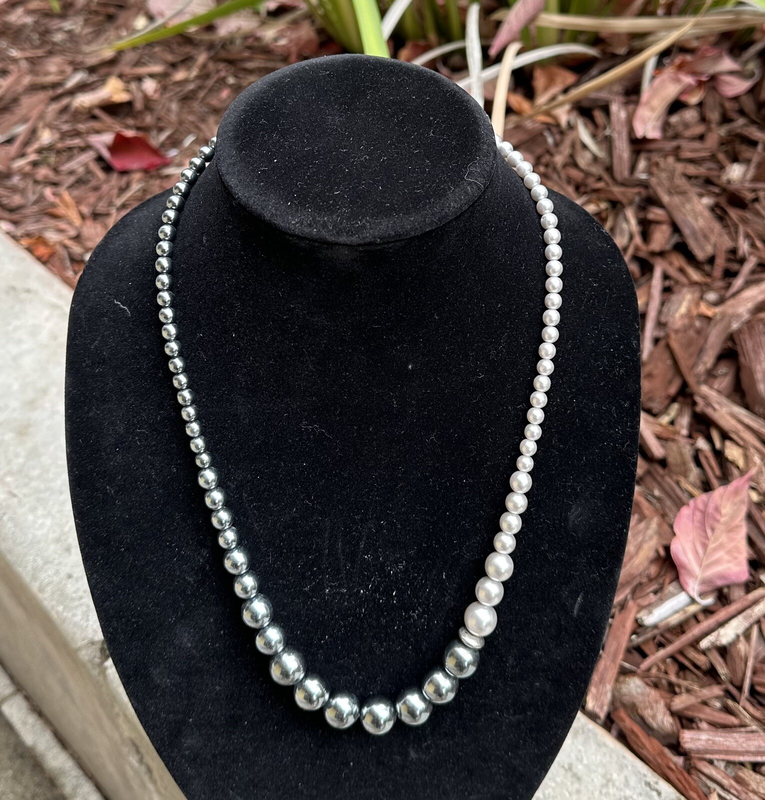 Vtg Signed Marvella White and Gray Faux Pearl Necklace 23” Long
