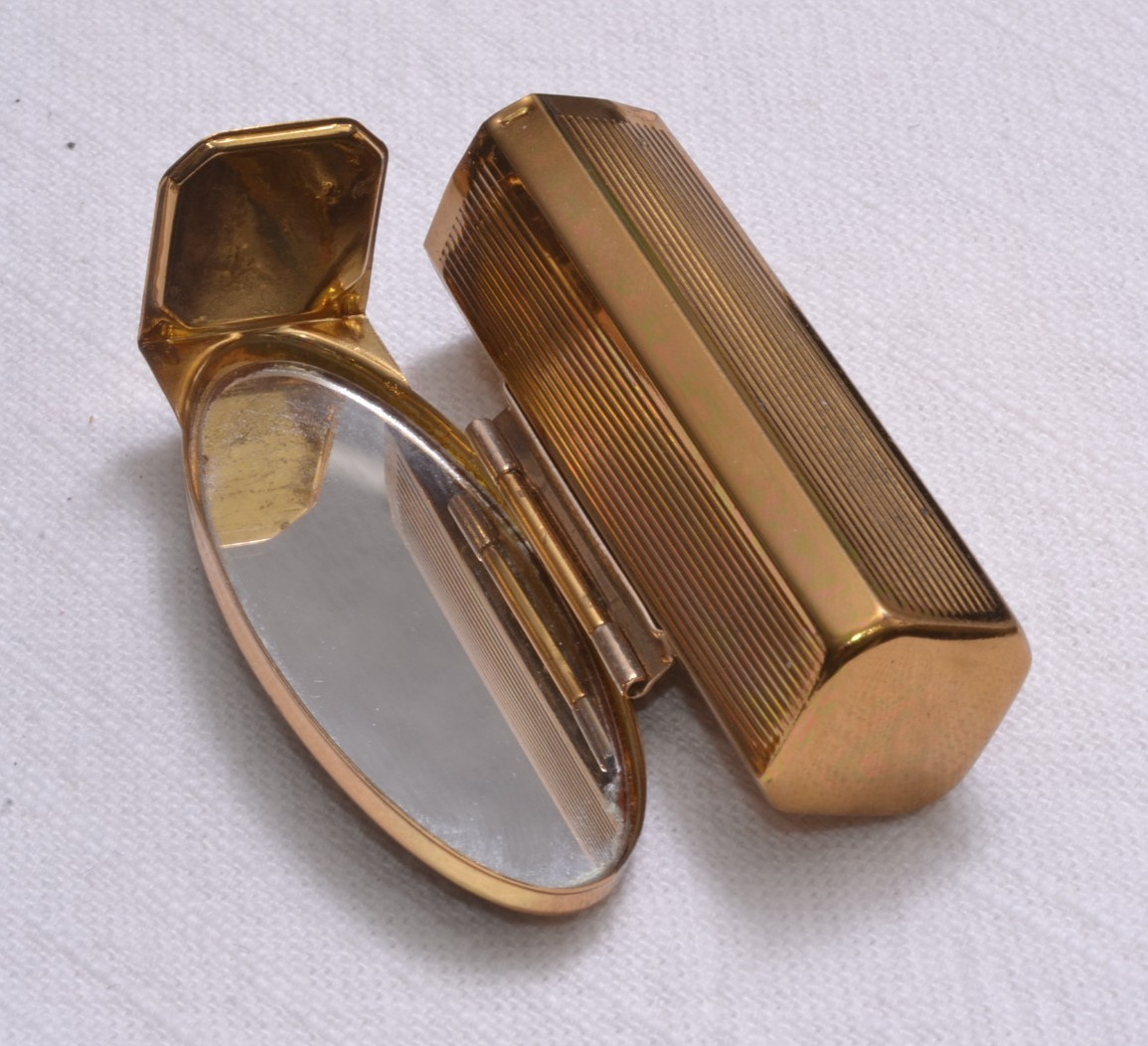 Stratton England Compact Mirror & Lipstick Holder Gold Tone Floral Fiip VTG 60s