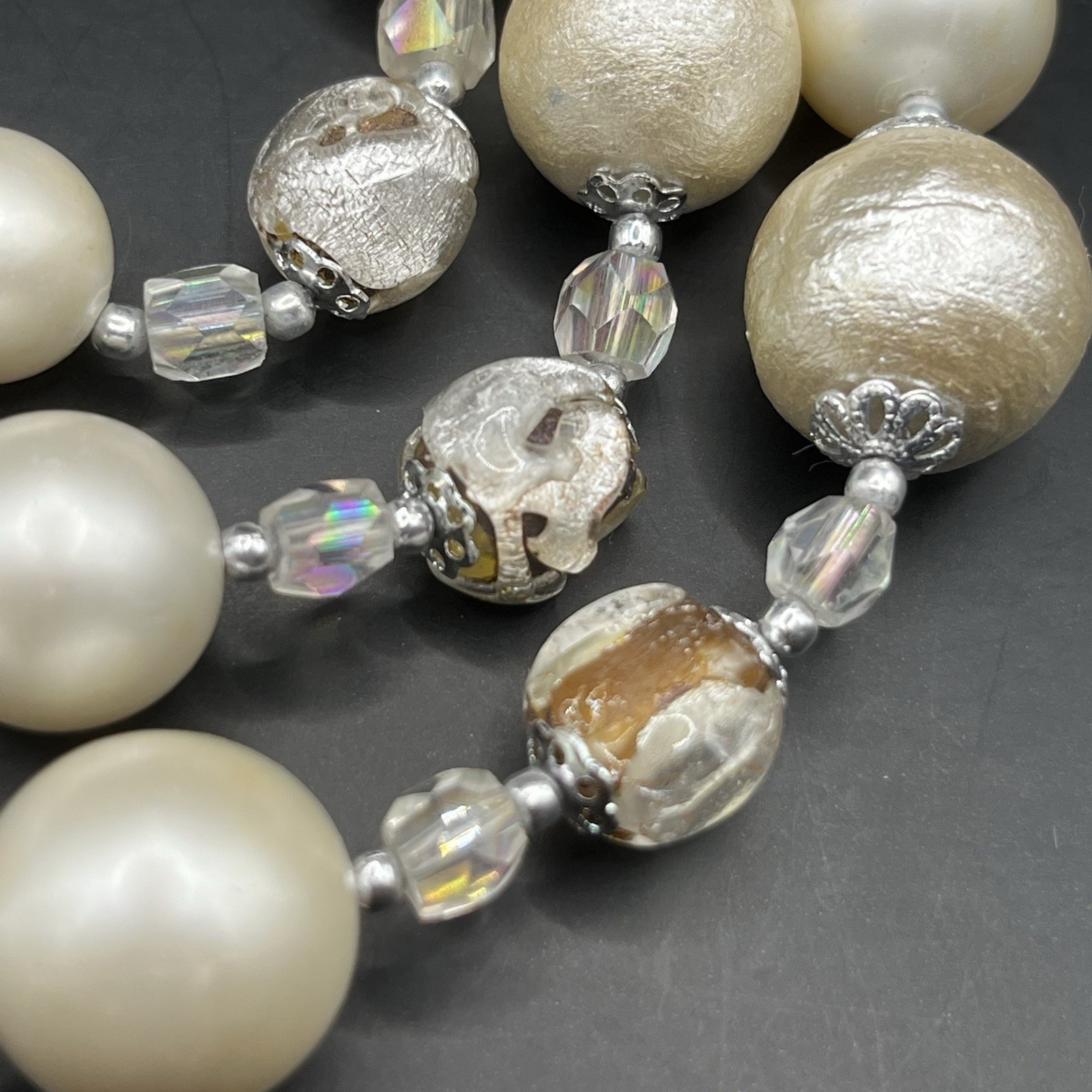 Vintage Japan Necklace Faux Pearls AB Beads Graduated Triple Strand *READ NOTES