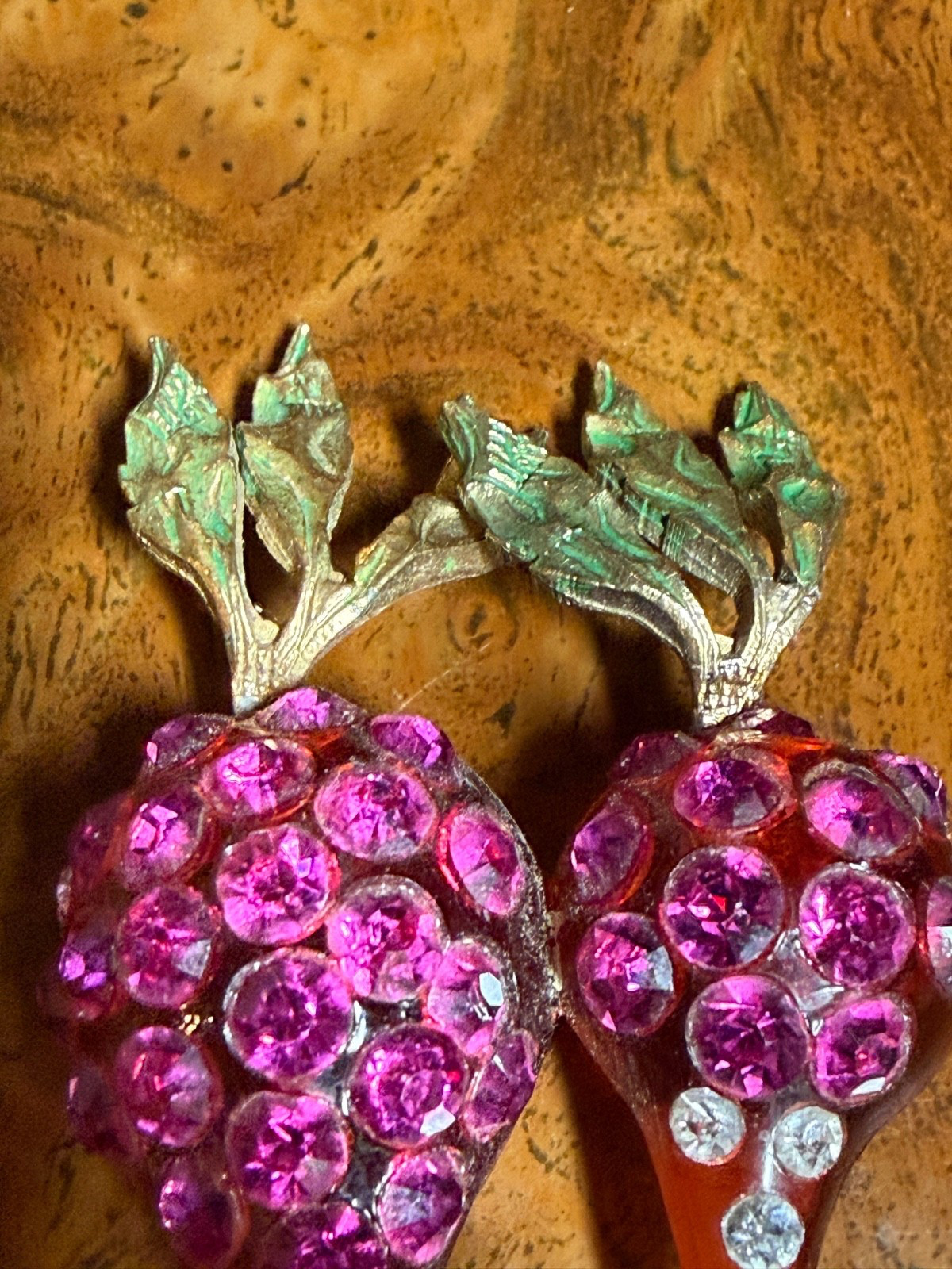 Vintage Forbidden Fruit radish brooch RARE lucite hot pink rhinestones enameled