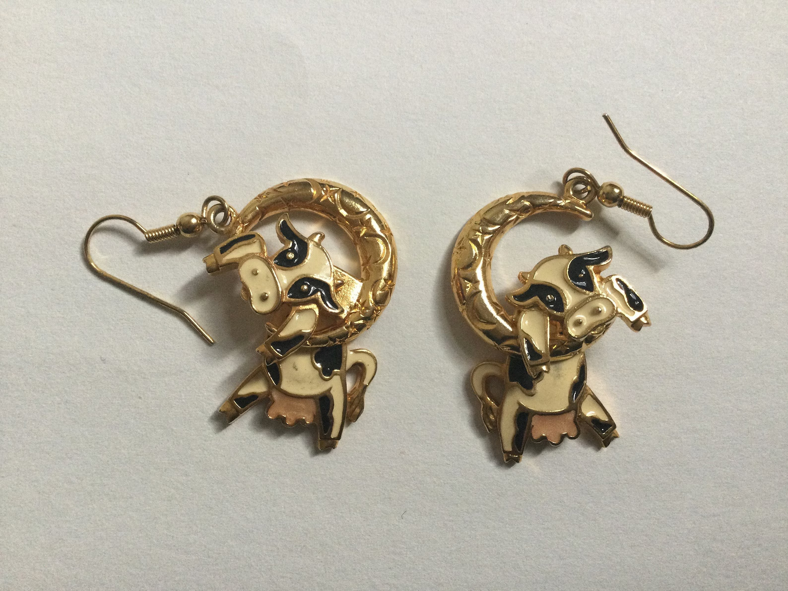 Vintage Cow Earrings Articulated Berebi Jump Over the Moon Enamel Pierced Dangle