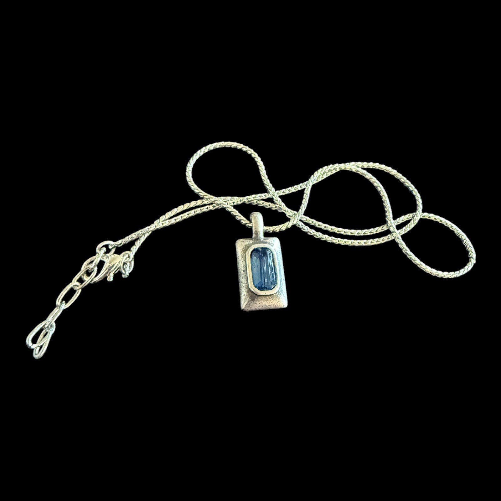 Vintage Silver Necklace Royal Blue Baguette Crystal Pendant, Silver toned Chain