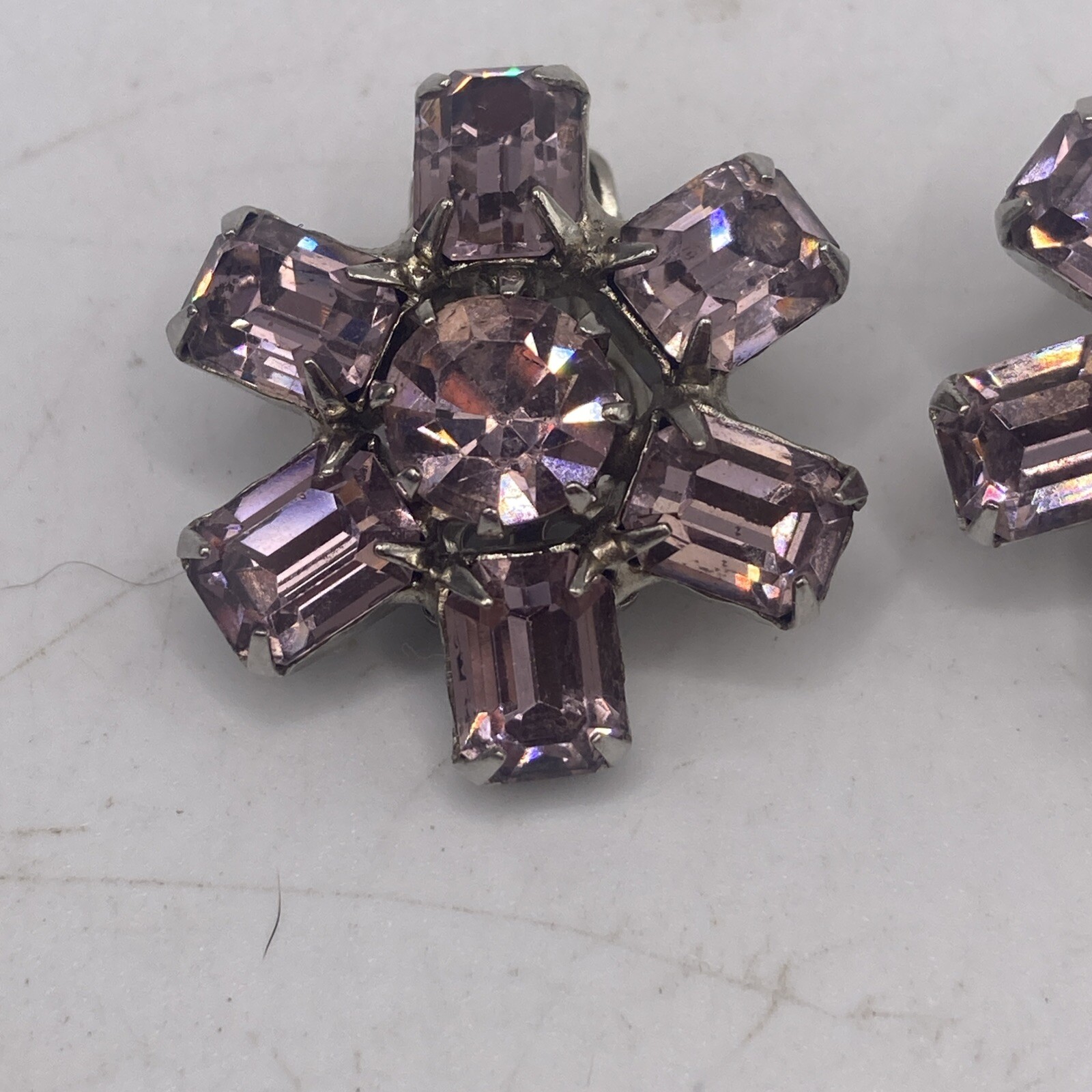 Vintage WEISS Emerald Cut Rare Pink Rhinestone Clip On Earrings 7 Stones, Signed