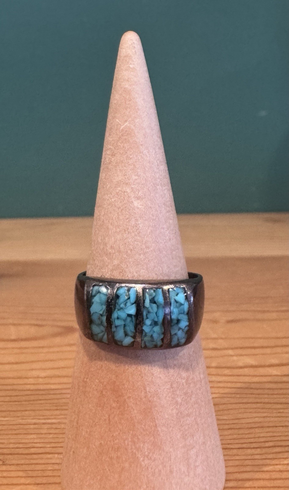 Vintage Southwestern Sterling Silver, Chip Inlay Turquoise Ring – Size 10.25