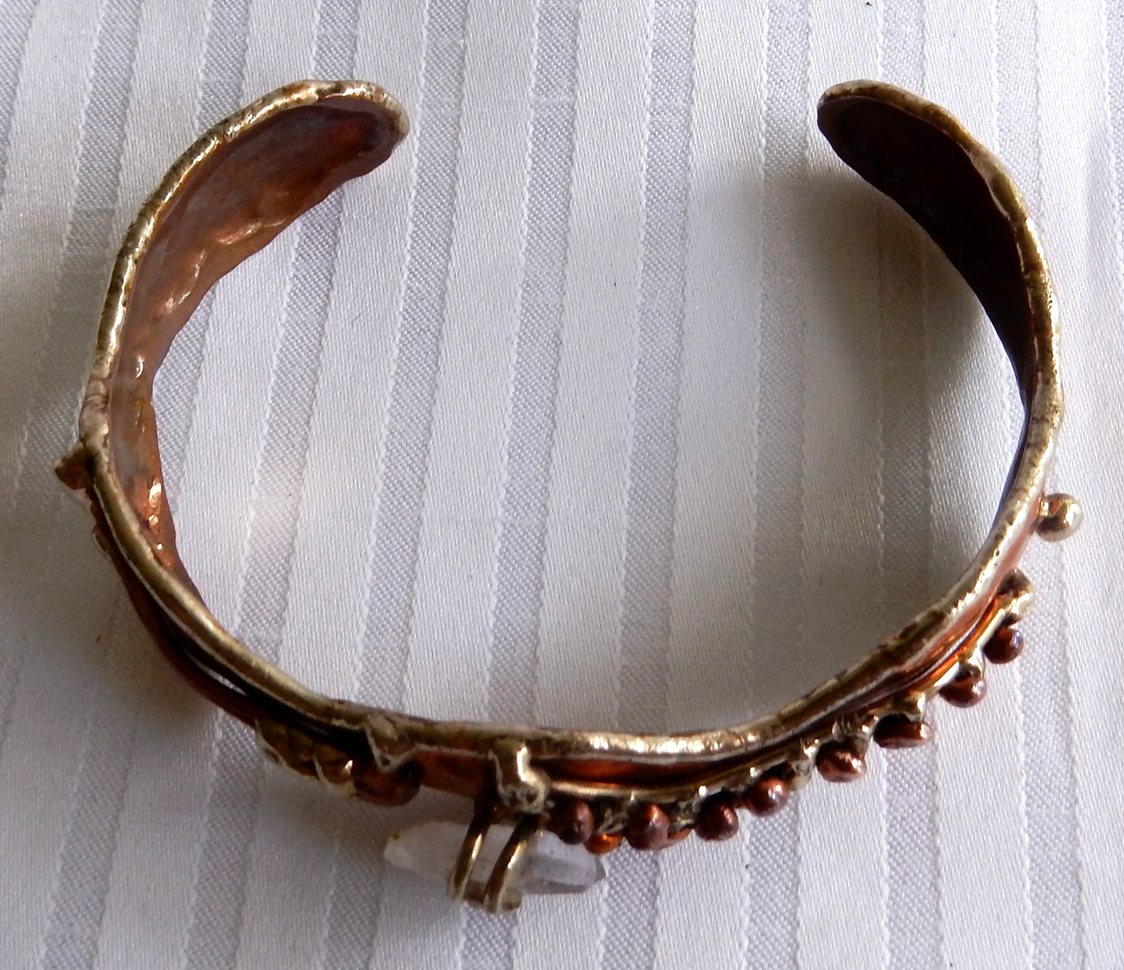 Vintage Handcrafted Copper & Silver Tone Quartz Crystal Cuff Bracelet Boho