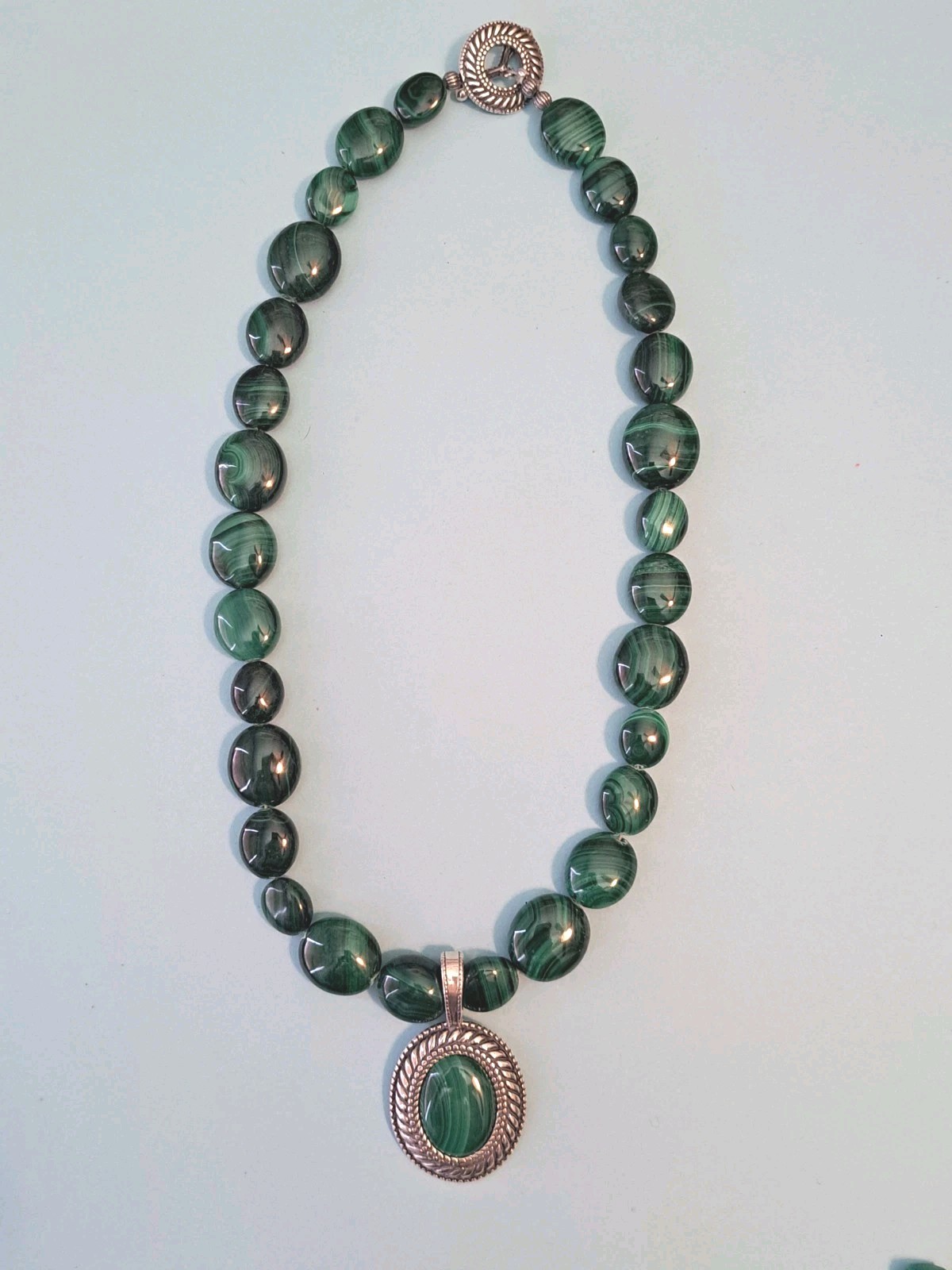 Vtg Carolyn Pollack 925 Sterling Silver Green Malachite Beaded Enhancer Necklace