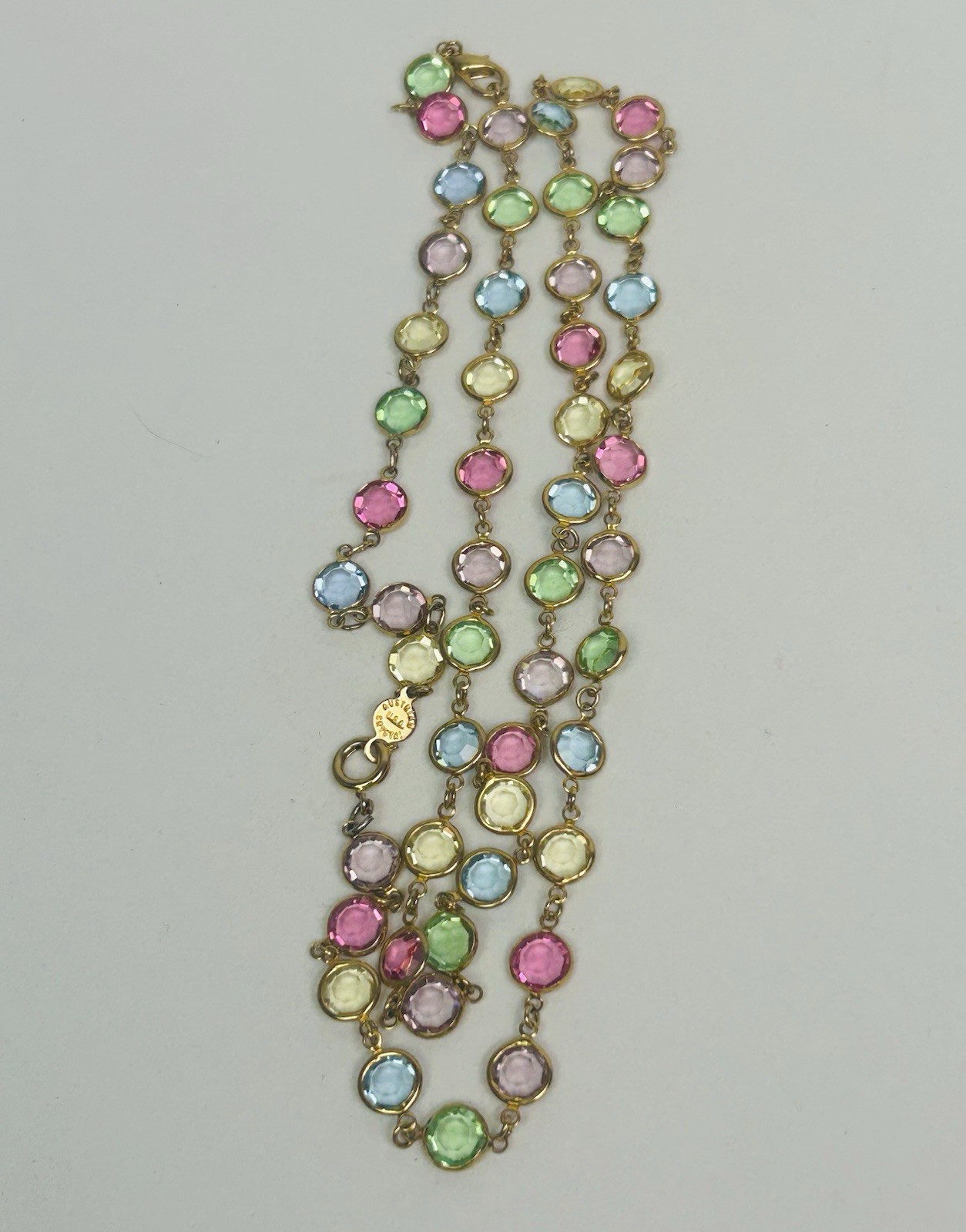 Vintage Bezel Set Multi Color Austrian USA Crystal Gold Tone Necklace Pink Blue