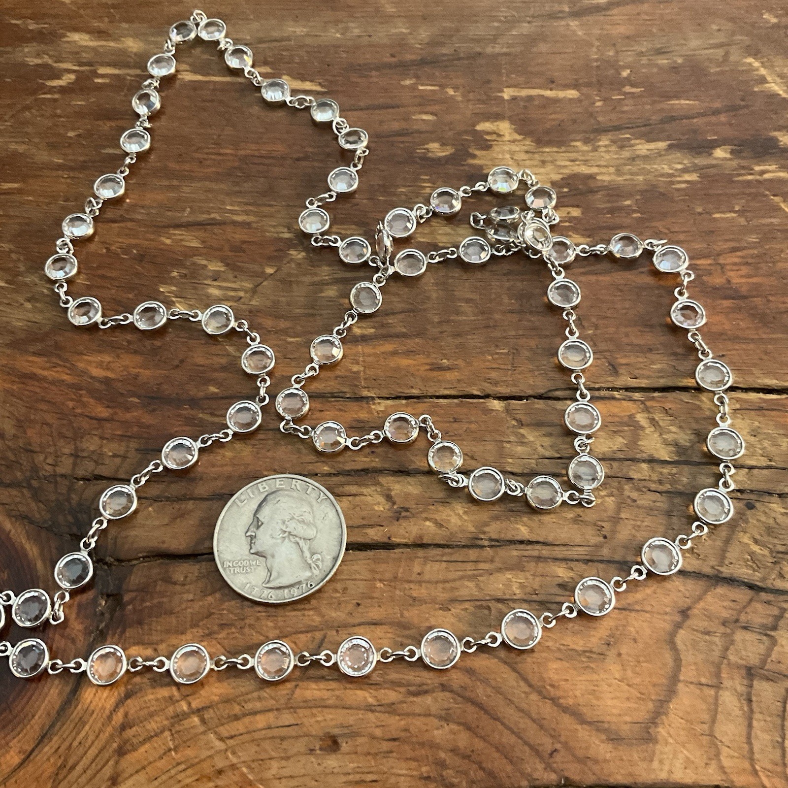 Vintage 36” Bezel Set Clear Austrian Crystal Open Back Discs Silver Tone