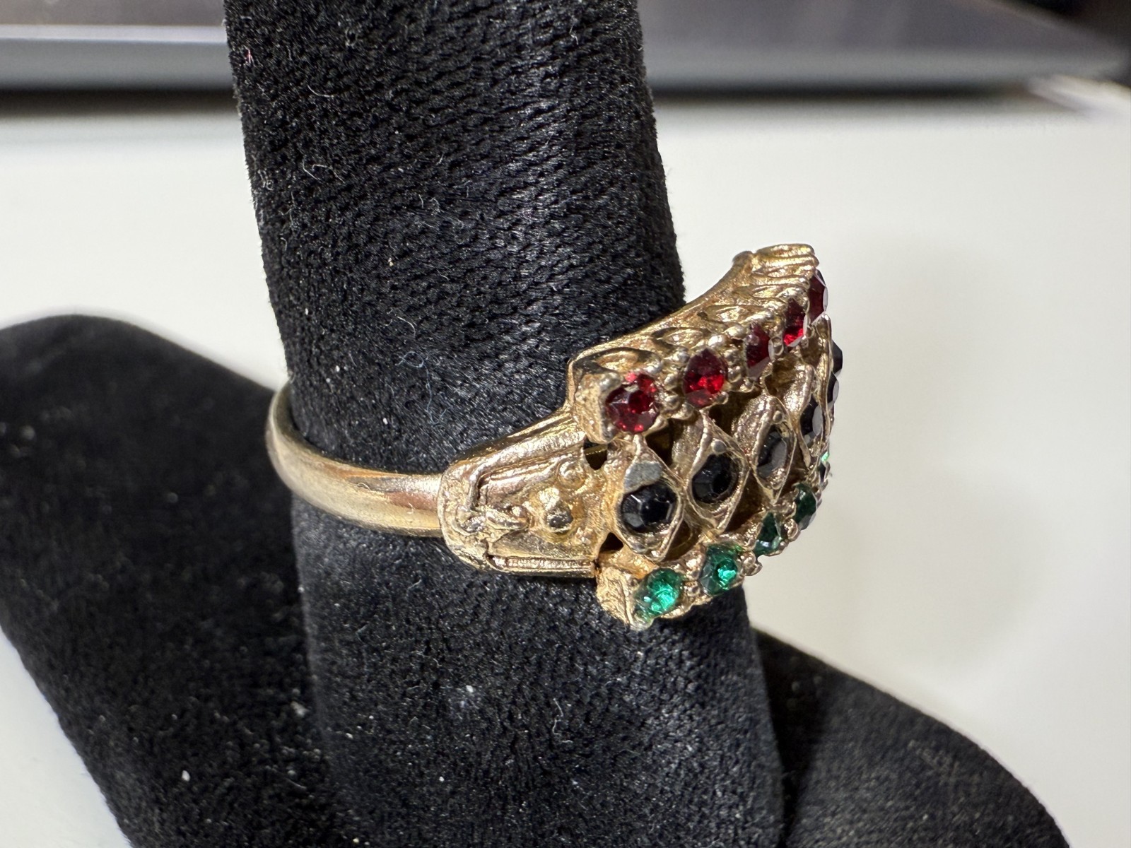 Vintage Red Green & Black Rhinestone Gold Tone Ring Size 7