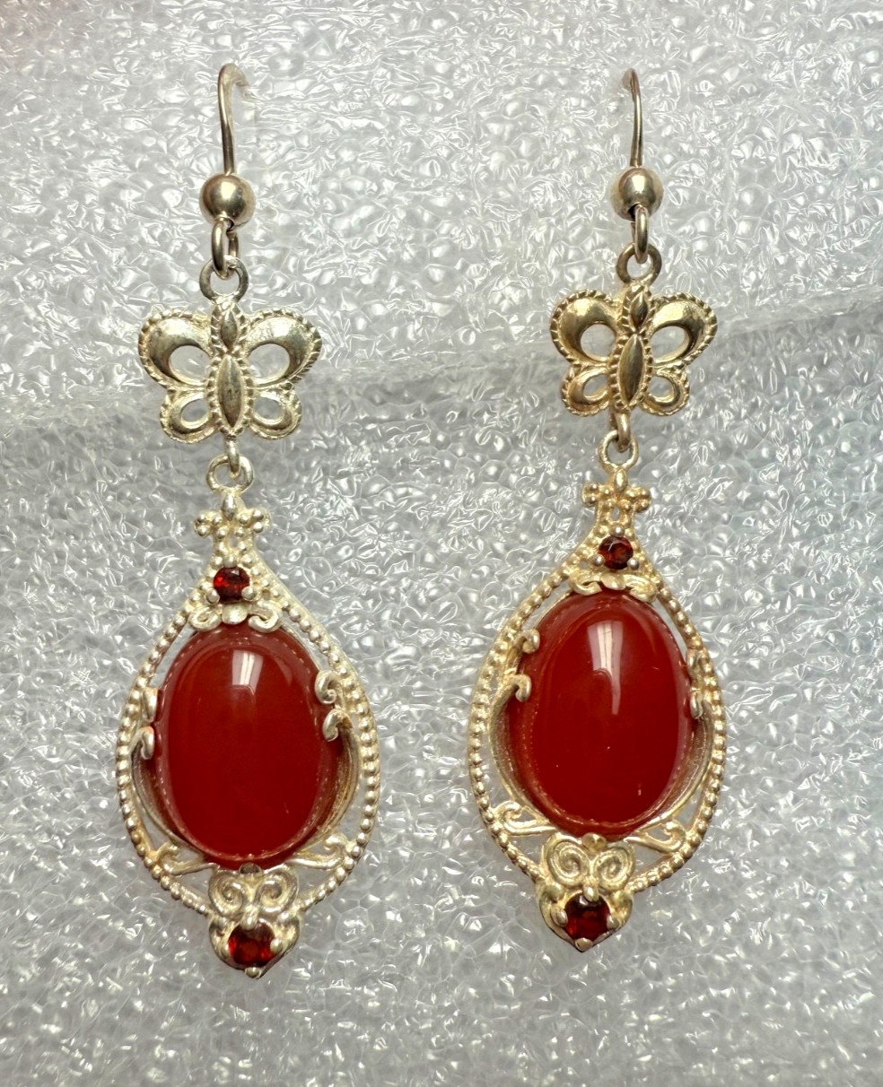 VTG Kit Heath Sterling Silver Butterfly Necklace Earrings Set Red Cabochon 925