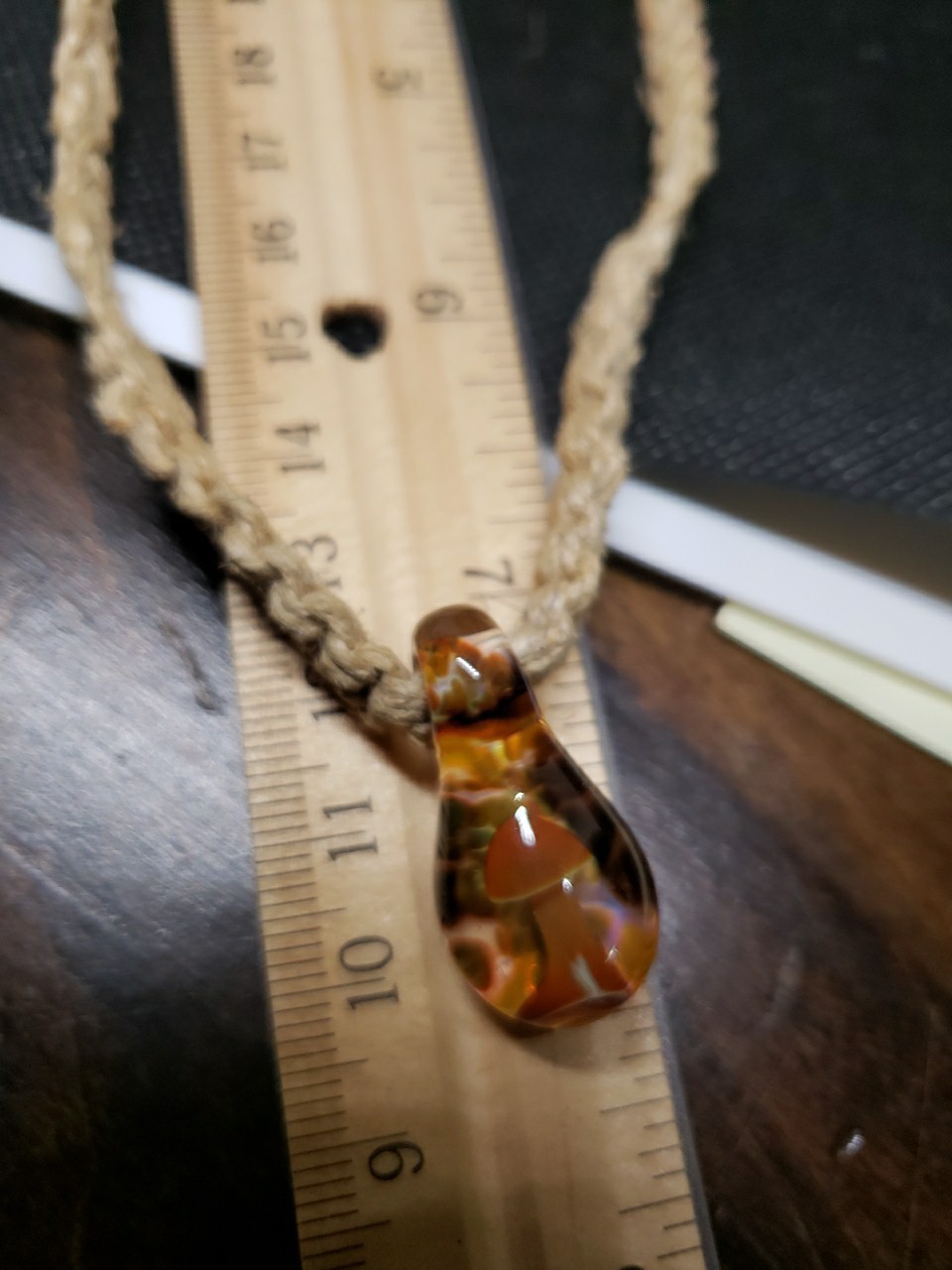 Vintage Blown Glass Hippie Mushroom Pendant Hemp Rope Necklace BOHO 15″Tie Back
