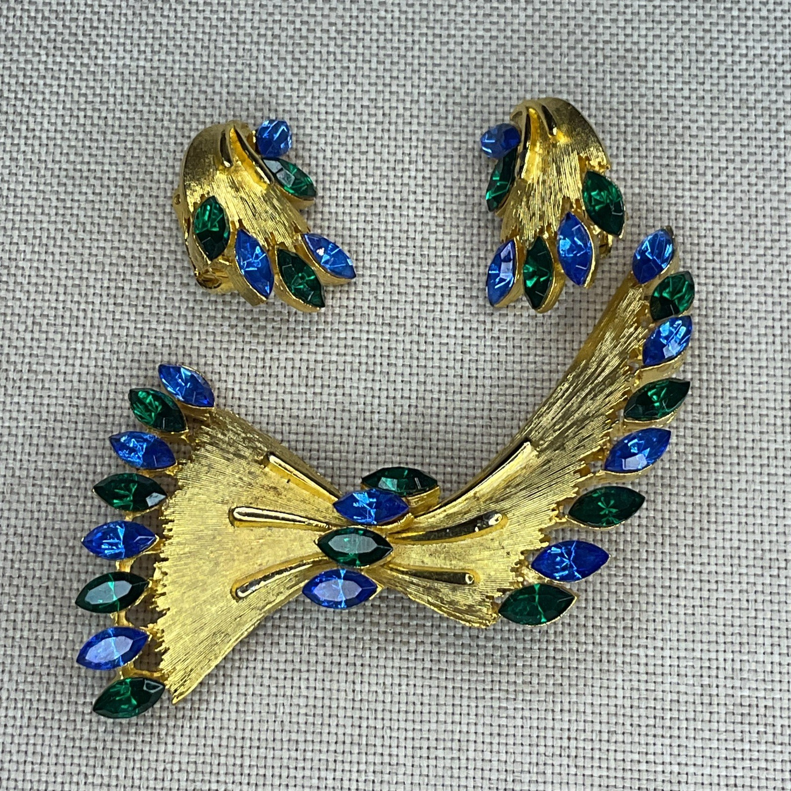 Vintage Signed JJ Brooch Pin Clip Earrings Set Gold Tone Navette Rhinestones