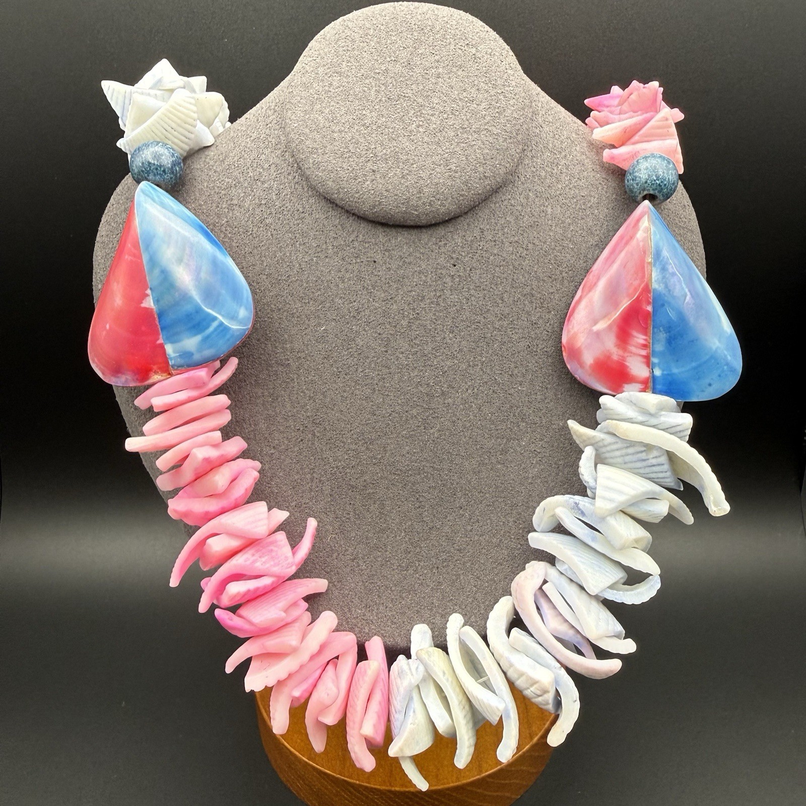Vintage Shell Necklace Chunky Pink Blue Dyed Shell Beads Bold Beach Statement