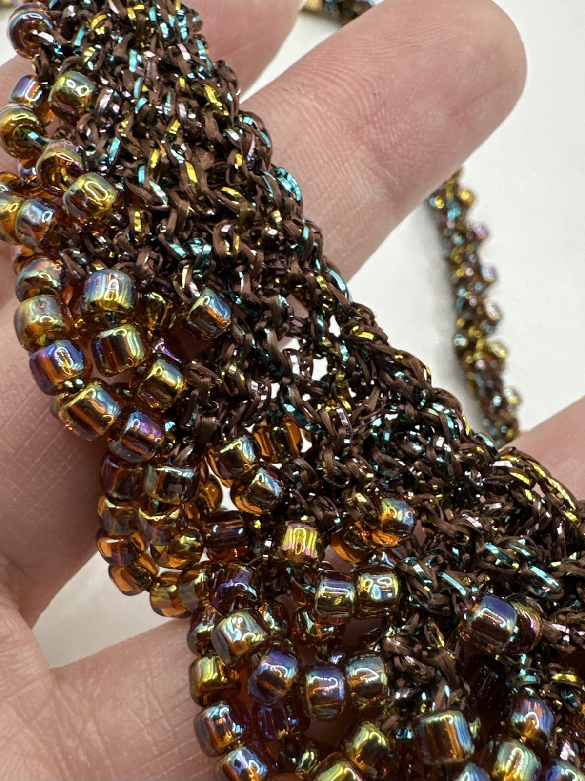 Vintage Iridescent Bead Fringe Collar Bib Crochet Choker Necklace 18”