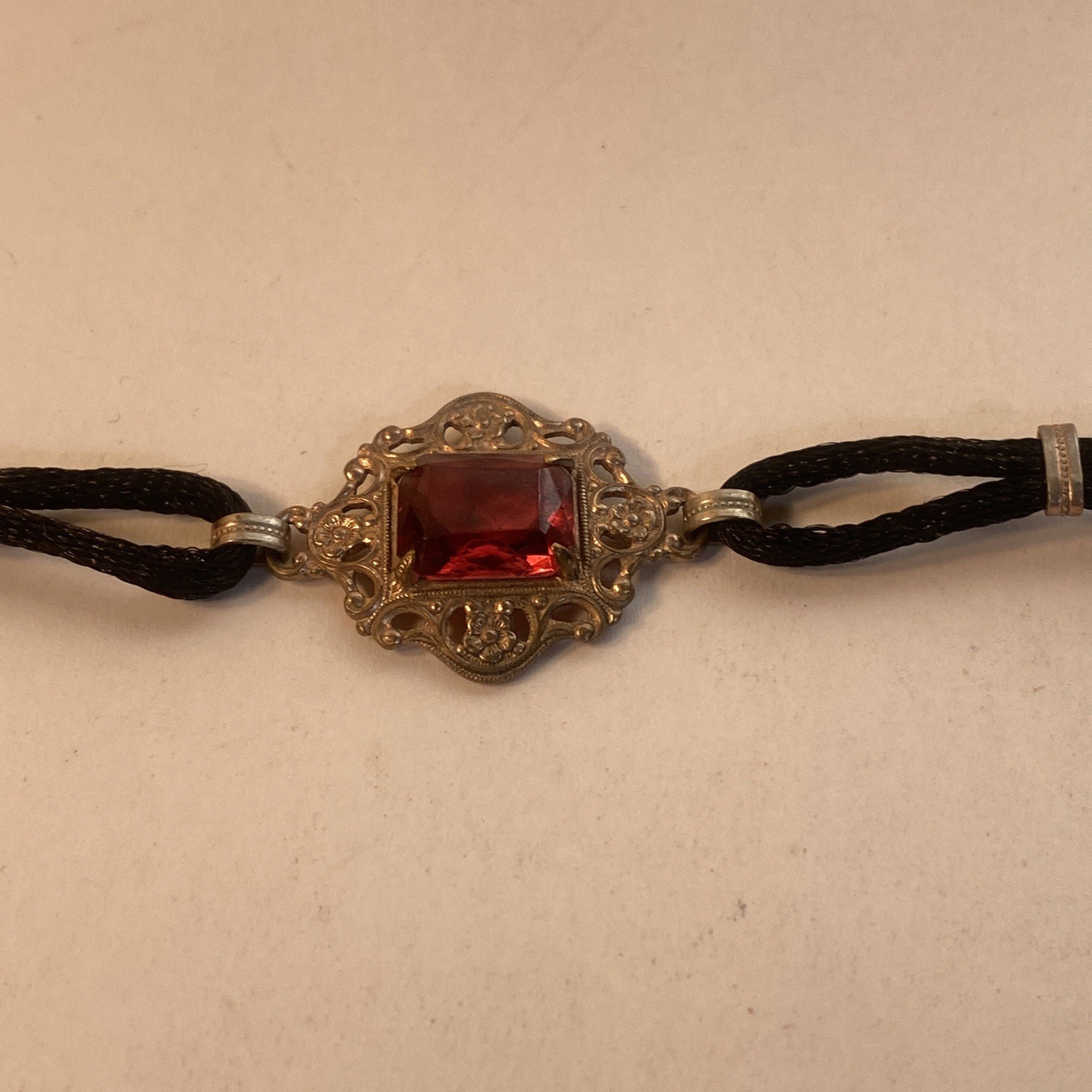 Vintage Bracelet Black Cord W/Gold Tone & Red Stone Small