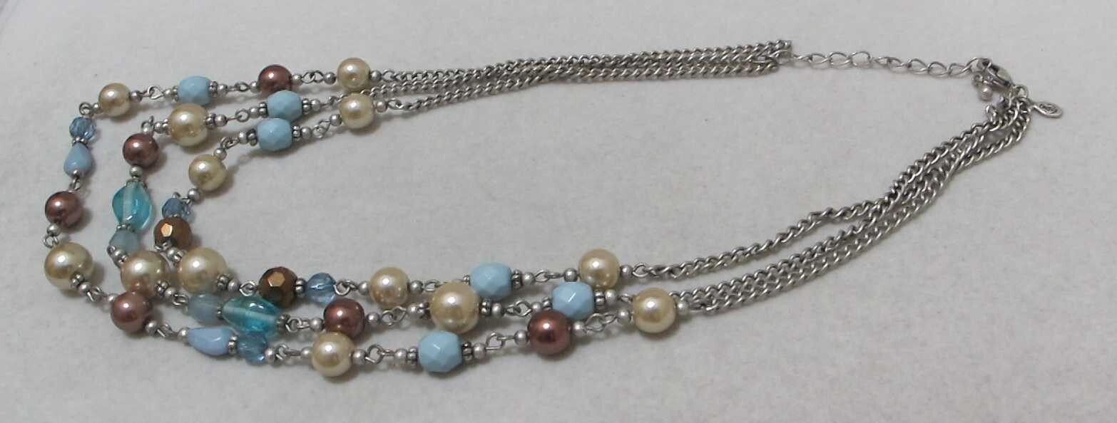 Vtg PREMIER DESIGNS 3-Strand White & Brown Faux Pearls Aqua Beads Necklace