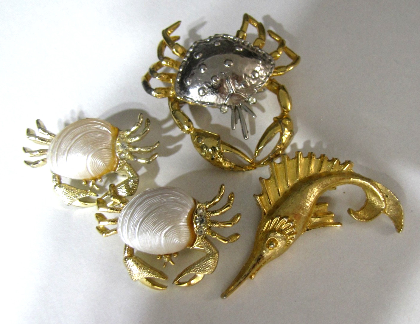 Vintage Crab Swordfish Pin Lot 4 Sea Life Mamselle Rhinestone Gold Silver Tone