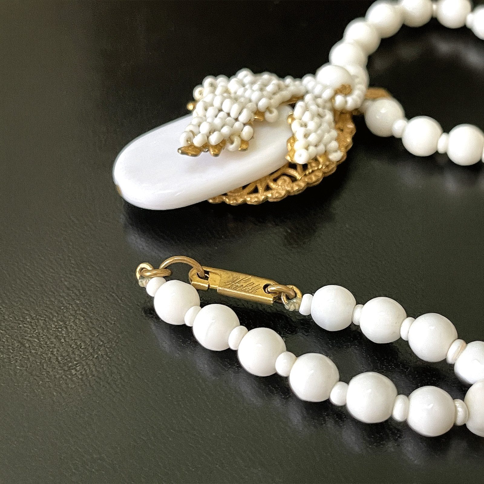 Vintage Mariam Haskell Milk Glass Bead Neck Signed Clasp / Pendant 20”