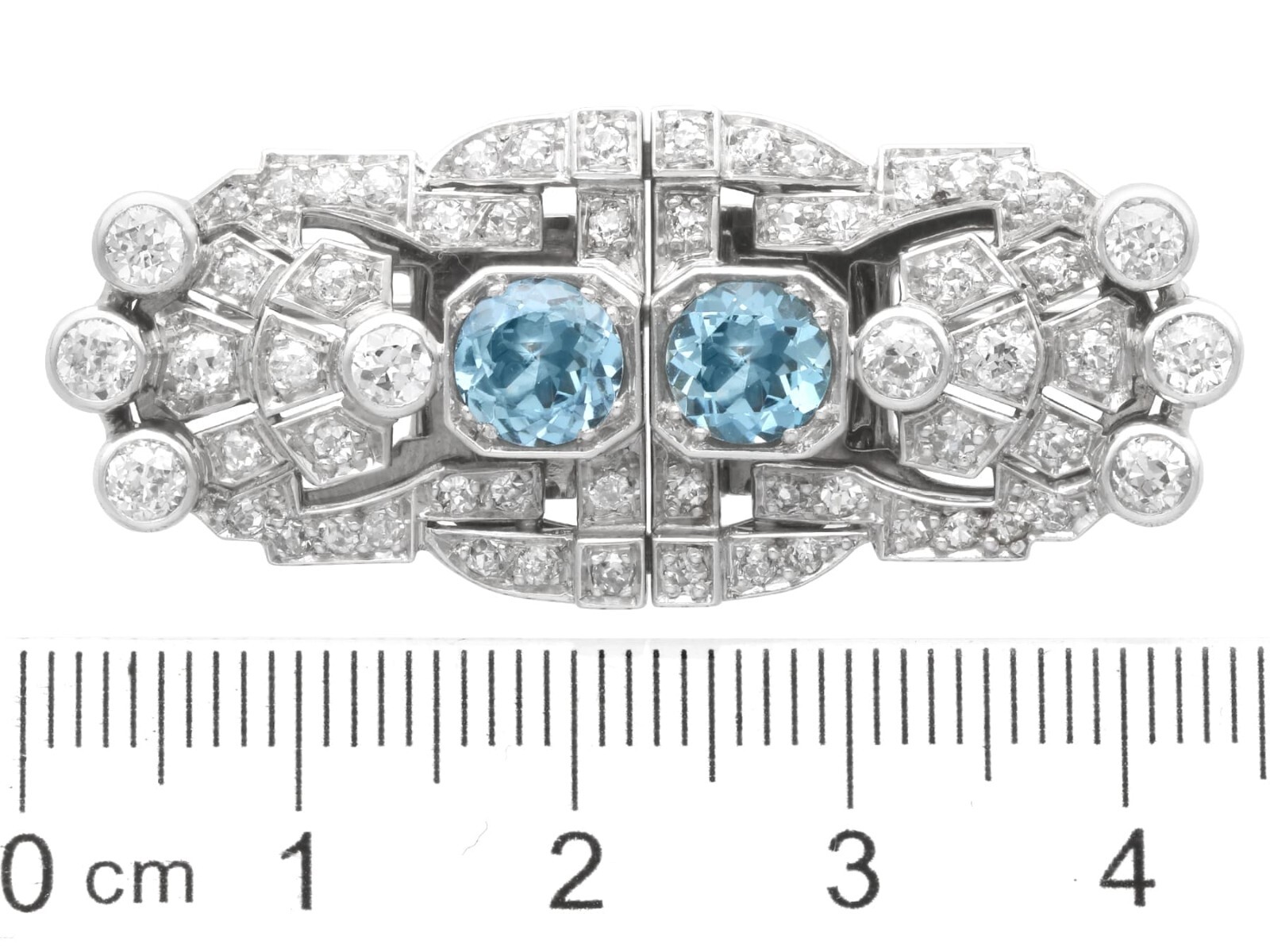 1.52Ct Aquamarine and 2.92Ct Diamond, 18k White Gold Double Clip Brooch