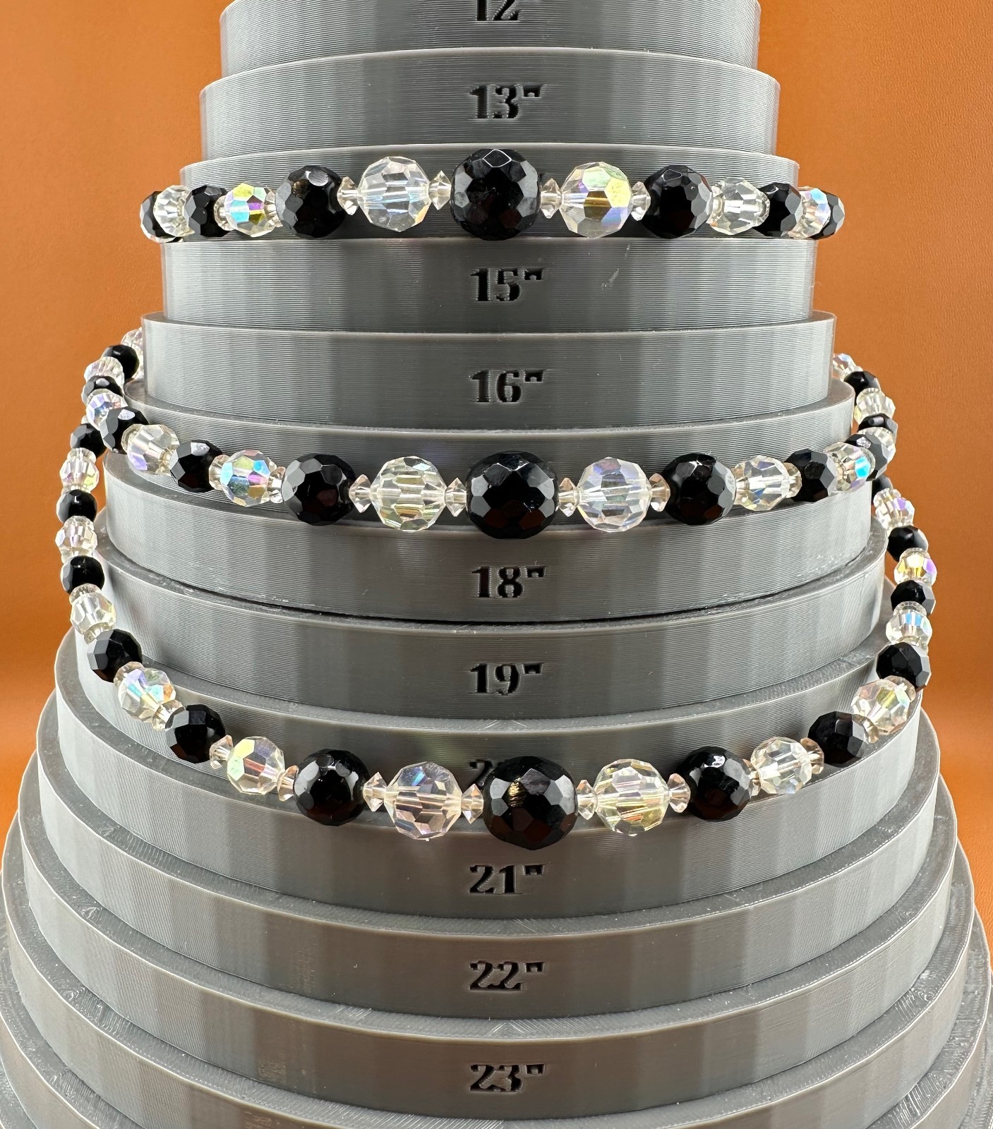 Vintage AB Crystal Bead Necklace Earrings Set Triple Strand Black & Clear 15″