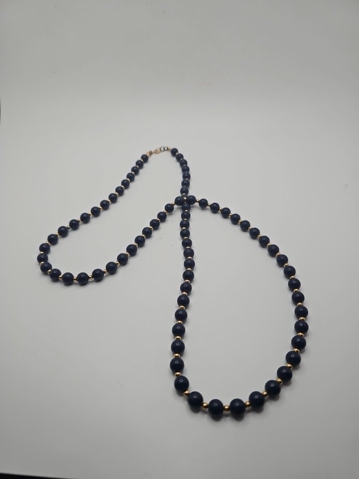 Vintage Monet Necklace Blue Bead Gold Tone Spacer Long 30 in Classic