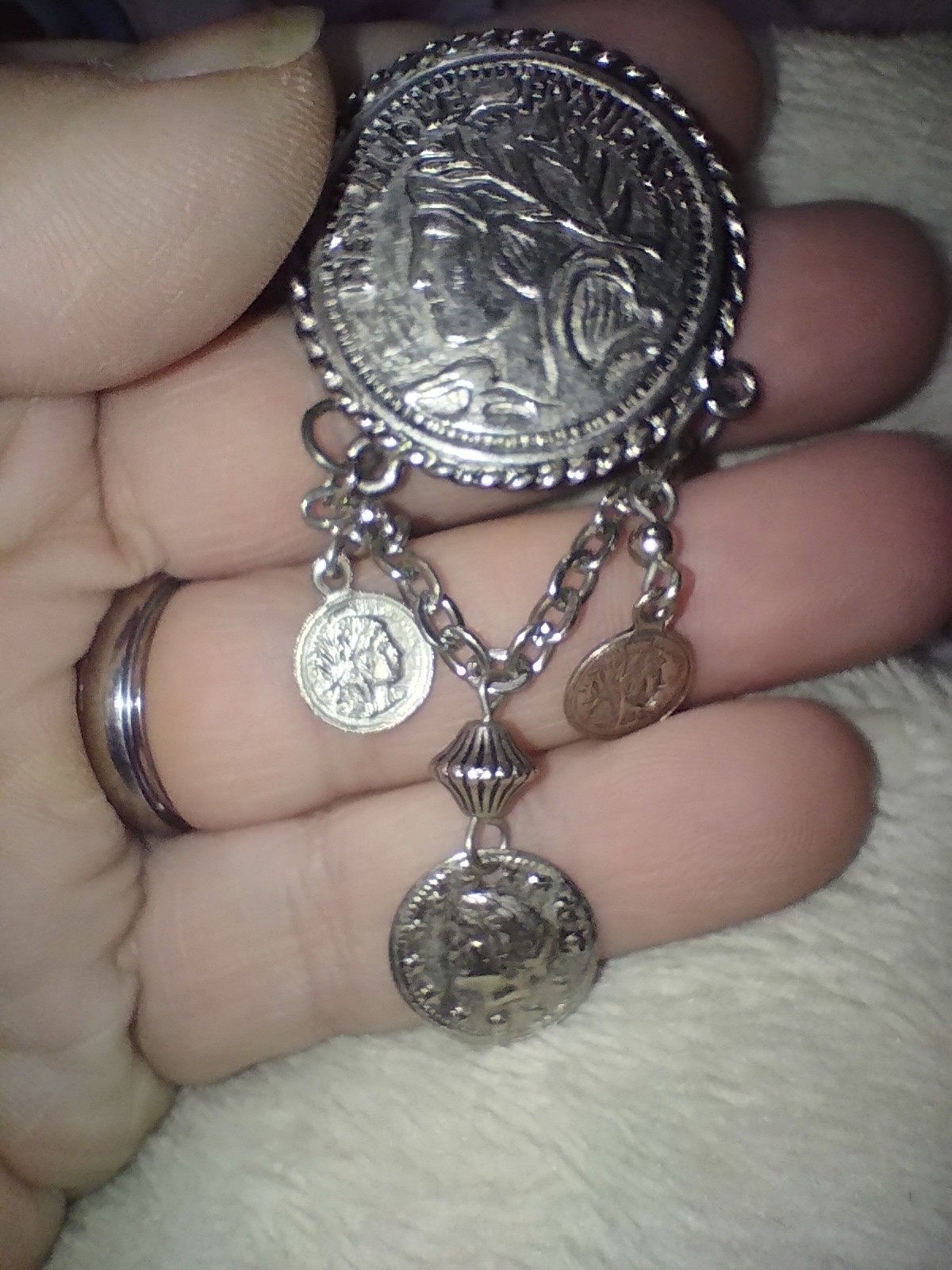 Vintage Simulated French Coins Dangle Brooch 3″