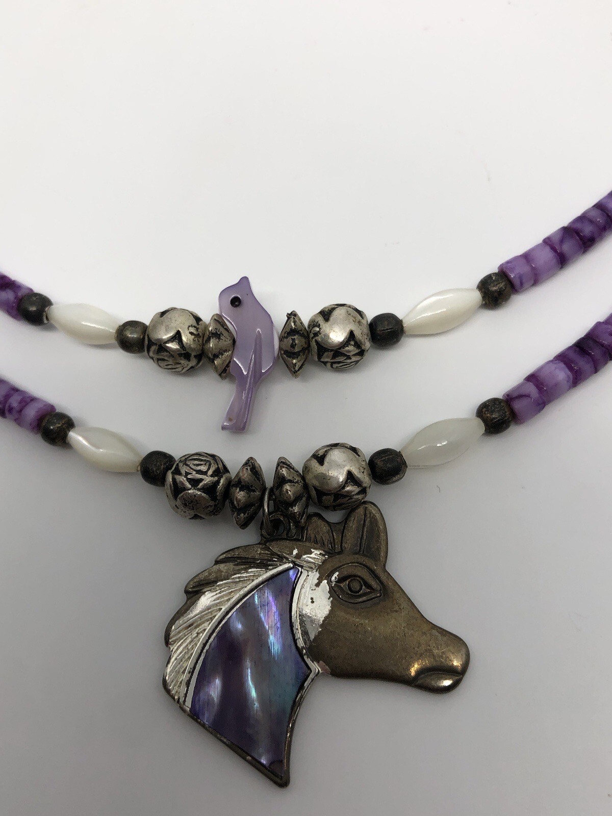 Equestrian Horse Necklace Purple Pony Pendant Silver Roses Beaded Bird 16”