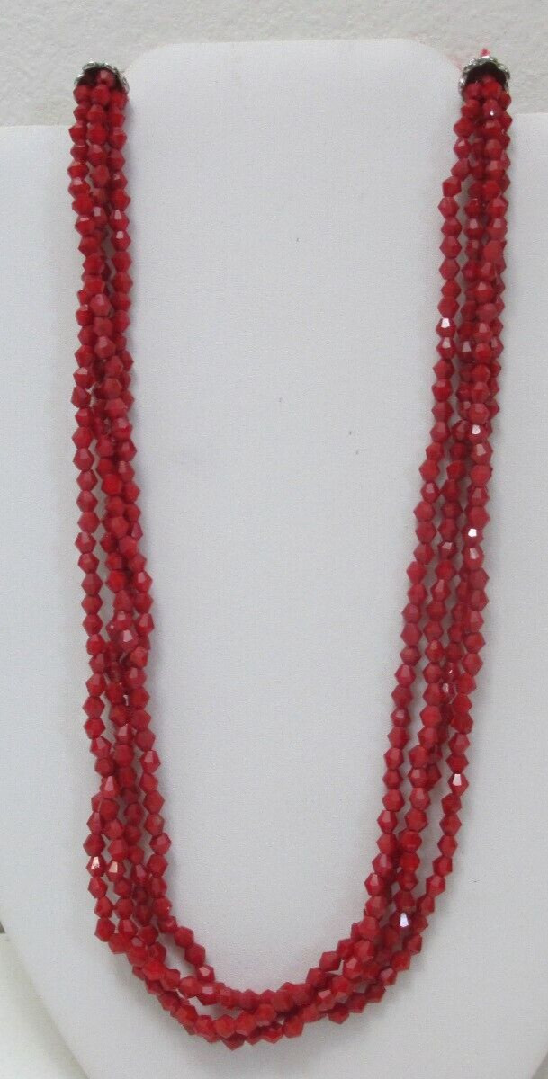 Vintage Choker Princess Necklace Red Faceted Shiny Beads 4 Strands 16″ Long
