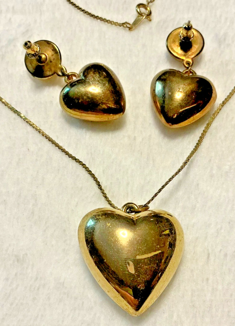 Vintage Gold Tone Puff Heart Earrings and Pendant with Chain
