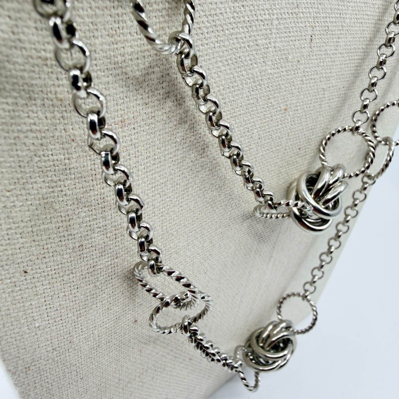 Vintage Silver Tone Long Layered Chain Necklace Textured Love Knot Station Boho