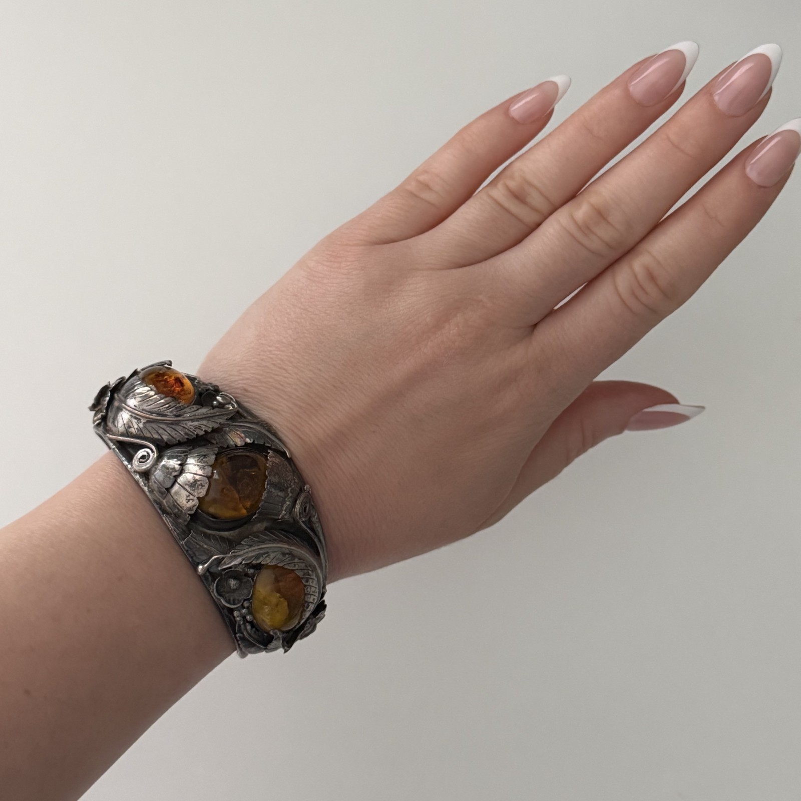 Vintage Sterling Silver Big Chunky Amber Leaf Southwest Cuff Bracelet Heavy