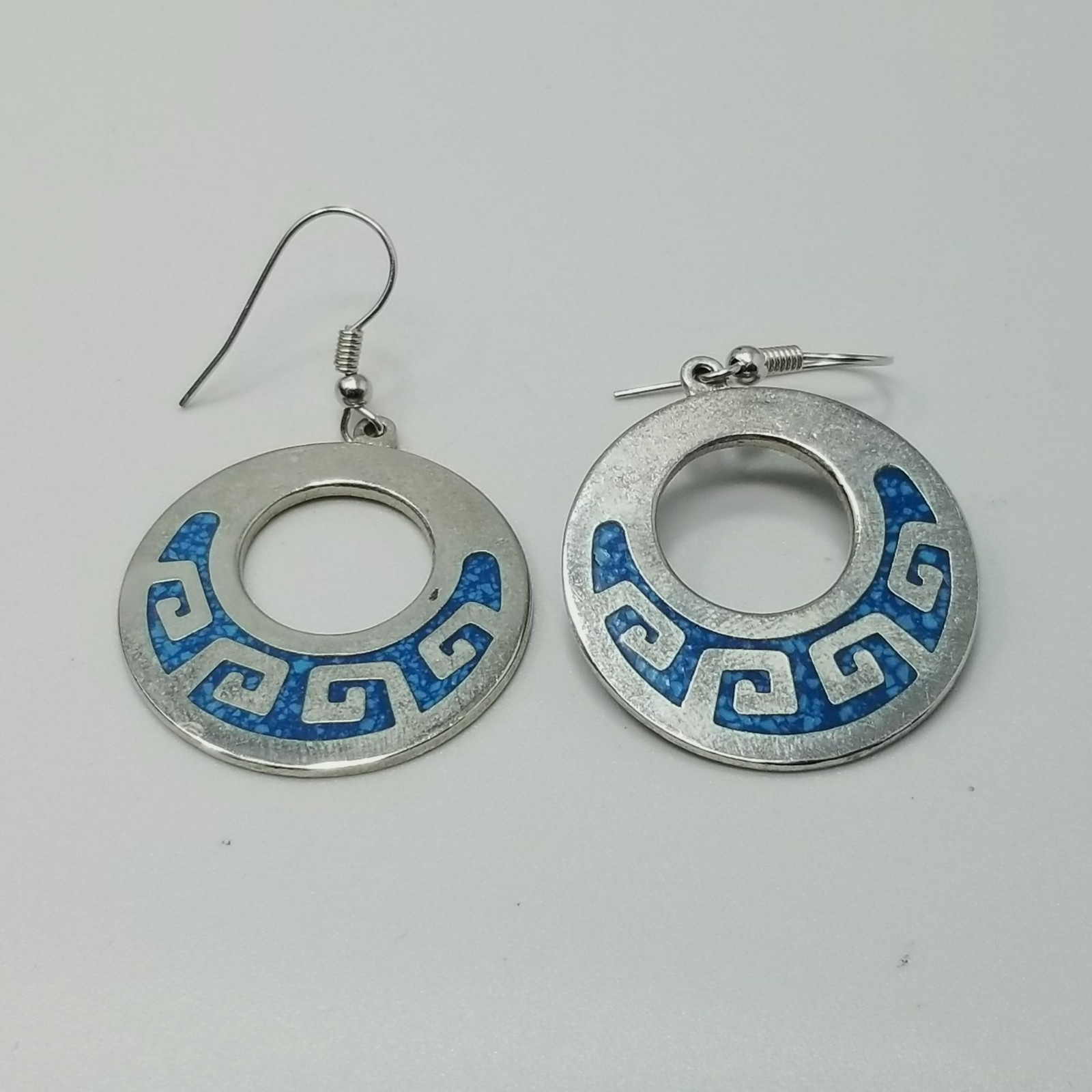 Vintage Aztec Greek Key Hoop Dangle Earrings Blue Chip Inlay Silver Tone