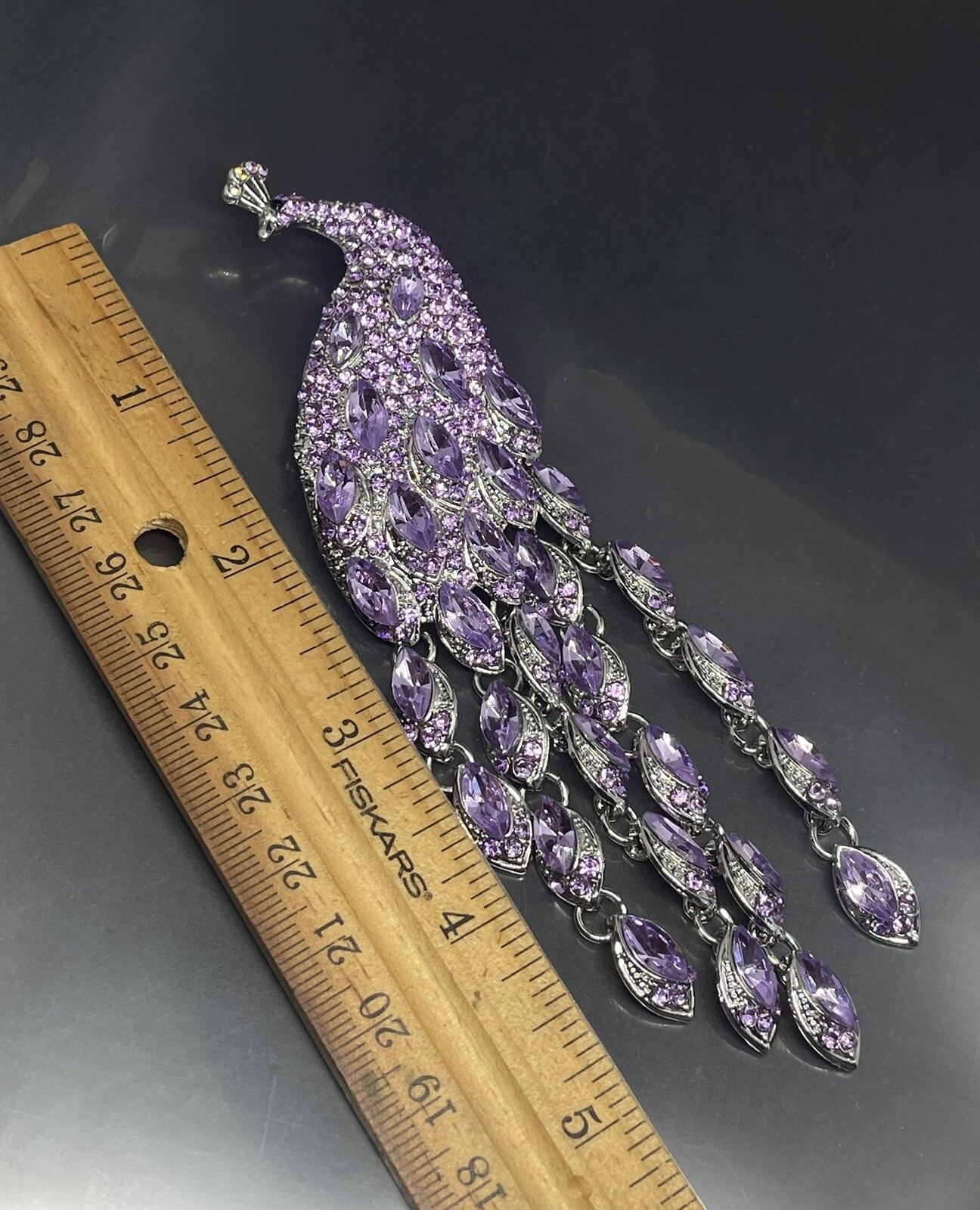Vintage Peacock SilverTone Purple Rhinestones Crystals 5.5” Pendant Pin Brooch
