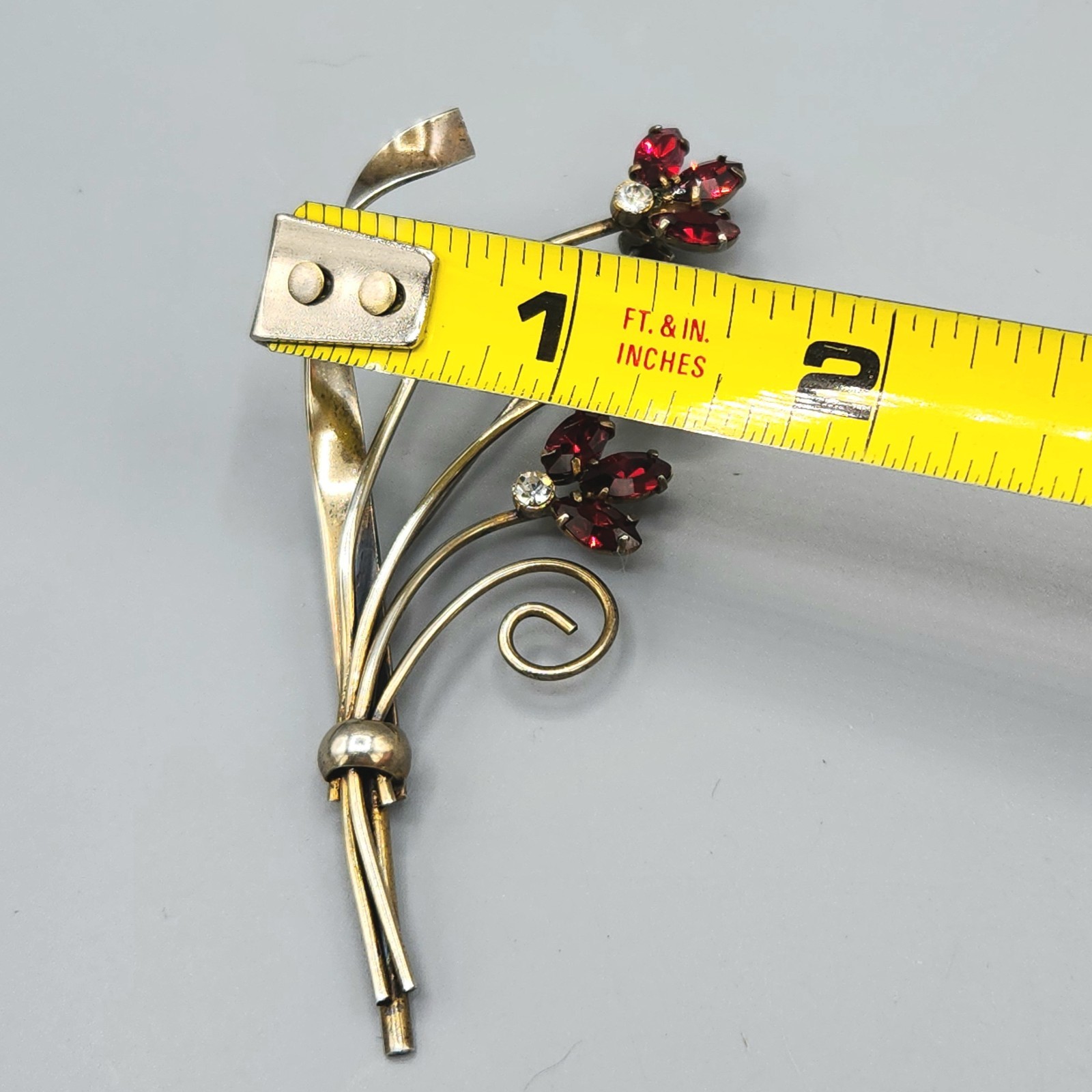 Retro Gold Wash Sterling Silver Siam Red Marquise Glass Flower Bouquet Brooch
