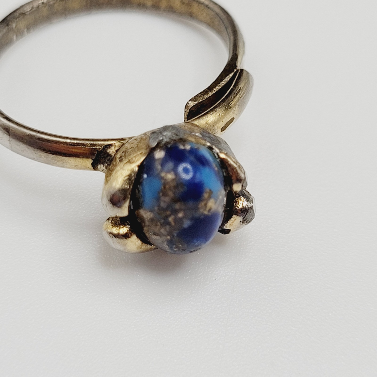 Antique Lapis Lazuli Small Domed Stone w Specks Ring Adjustable Worn Distressed