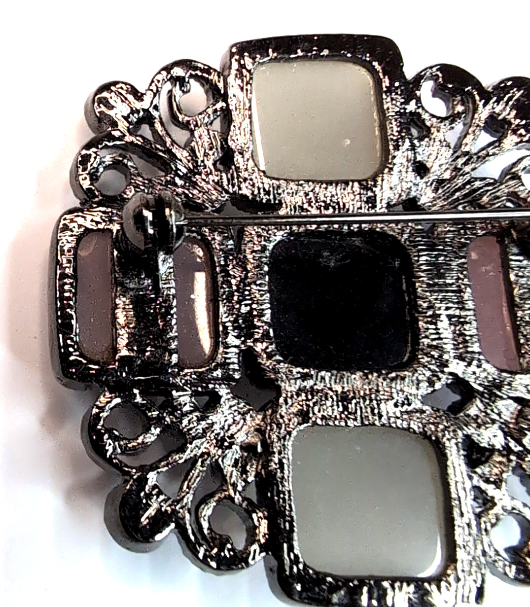 Vintage Geometric Square Brooch Black Pink Gunmetal Silver Tone Openwork Gothic