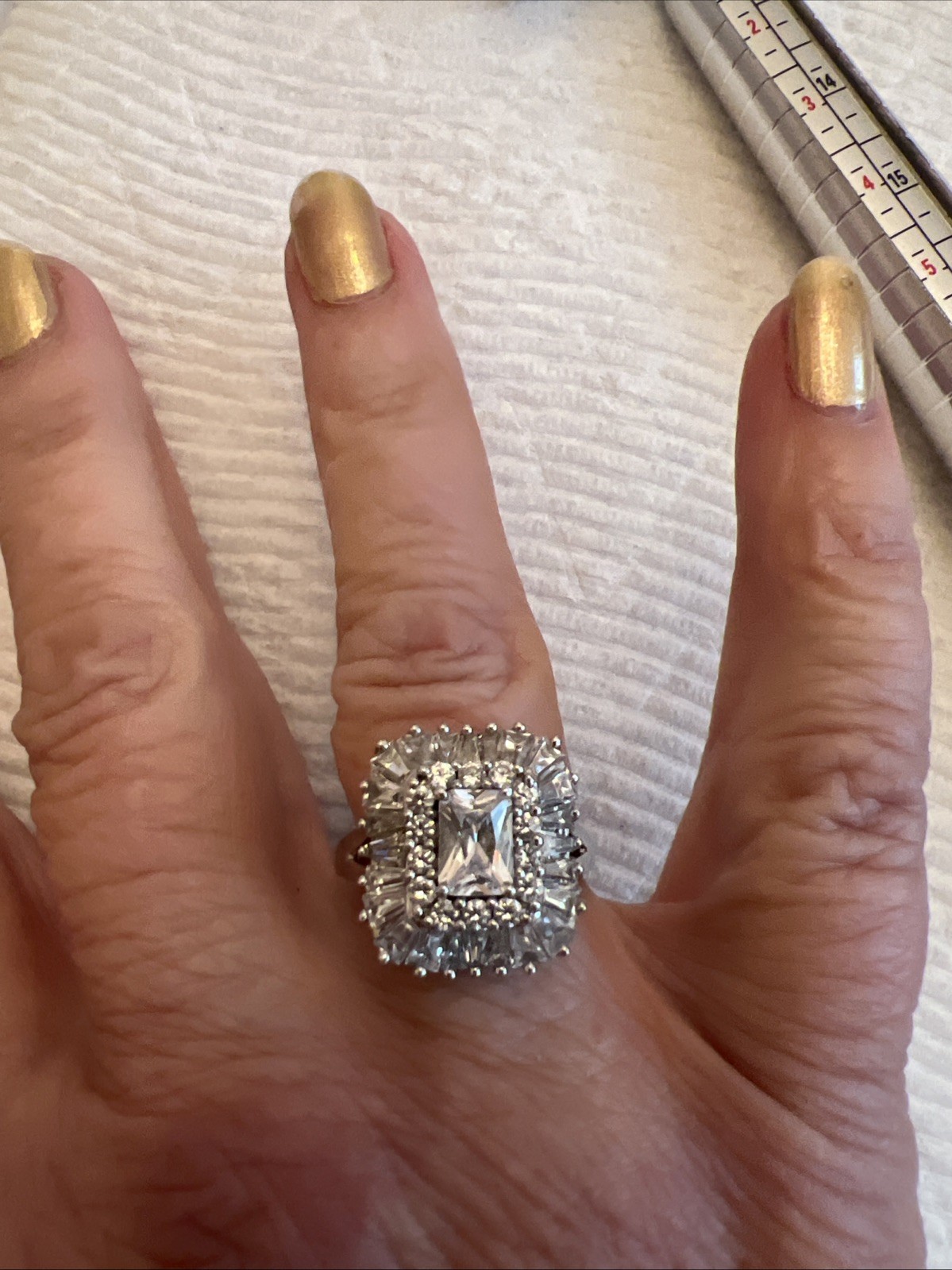 Swarovski CZ Emerald Cut Ring with Baguettes and Rounds 925 8-3/4
