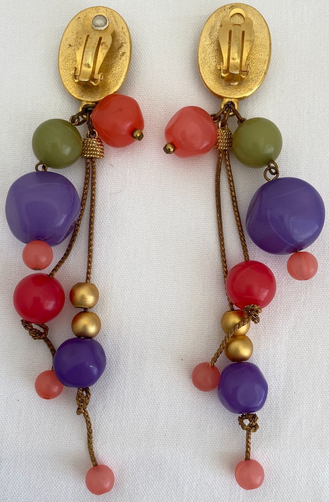 Vintage Colorful Fruit Salad Beaded Dangle Gold Tone Clip On Earrings Statement