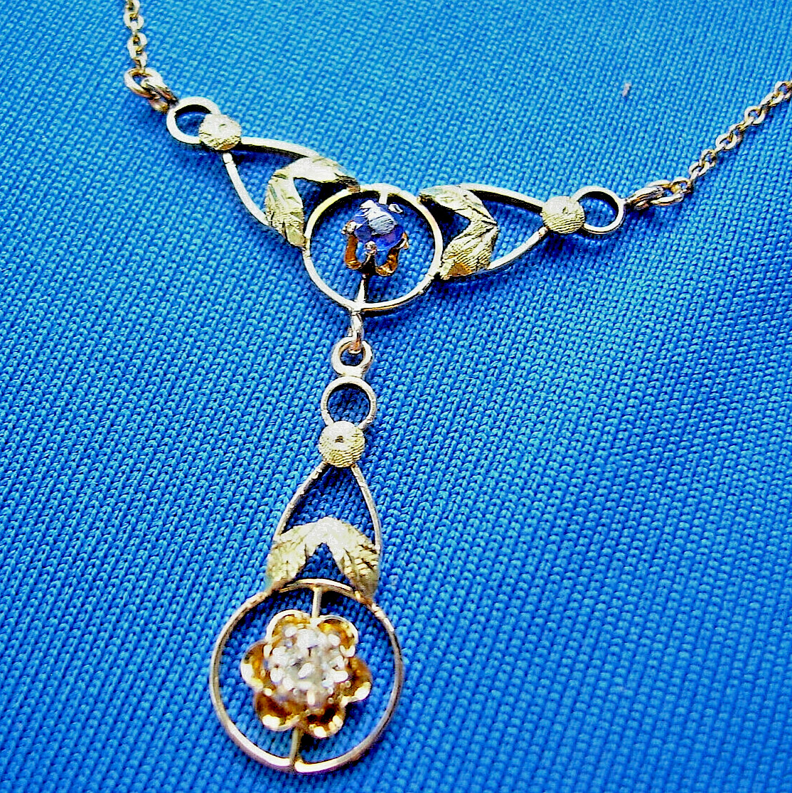Original EARTH MINED DIAMOND SAPPHIRE Deco Pendant 14K GOLD Antique Necklaces