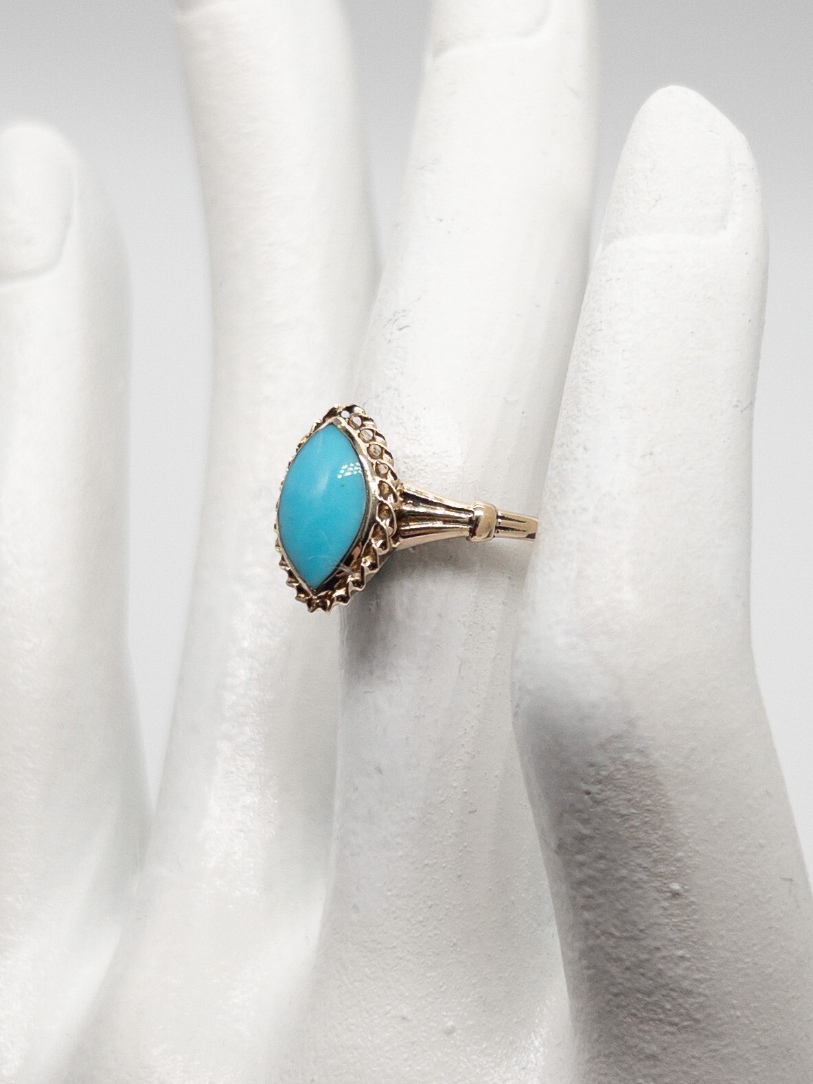 Antique 1900s Edwardian 2ct Natural Marquis Turquoise 10k Yellow Gold Ring