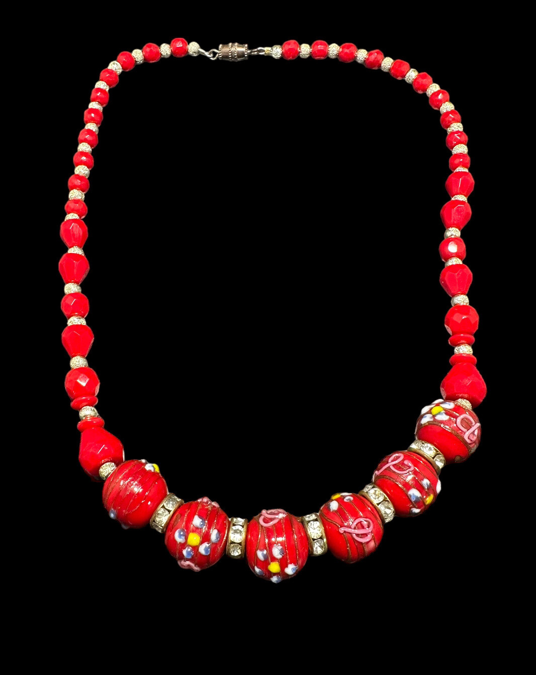 Vintage Murano Italy RED WEDDING CAKE Venetian Art Glass Bead Necklace 17.5 in