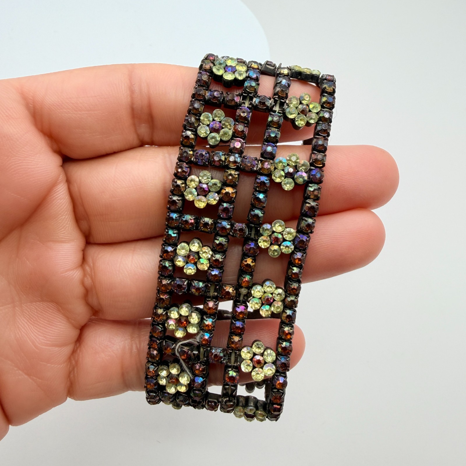 Vintage Gunmetal Rhinestone Cuff Bracelet Floral Grid Statement AB Y2K 90s Goth