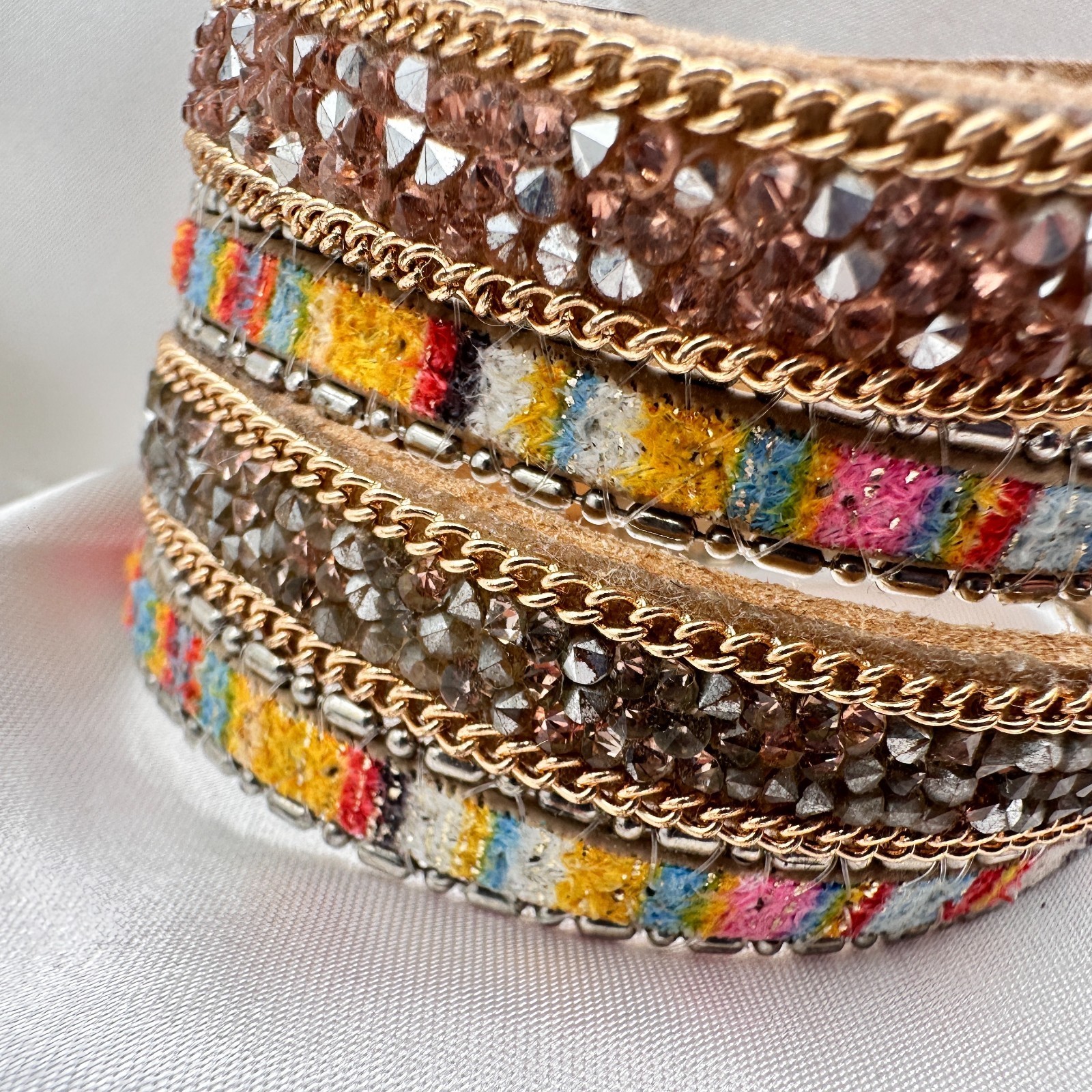 Vintage 90s Multi-Strand Wrap Bracelet Glass Fabric Statement Fashion Jewelry