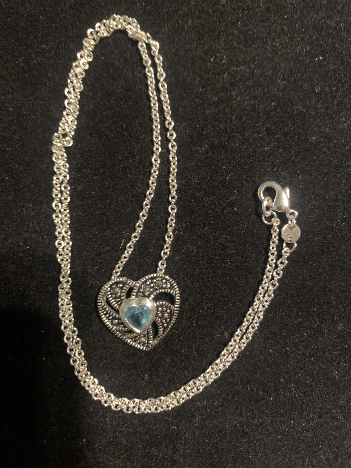 Vintage Marcasite Blue Topaz Type Stone Marked CW Silver Tone Necklace 17 Inch