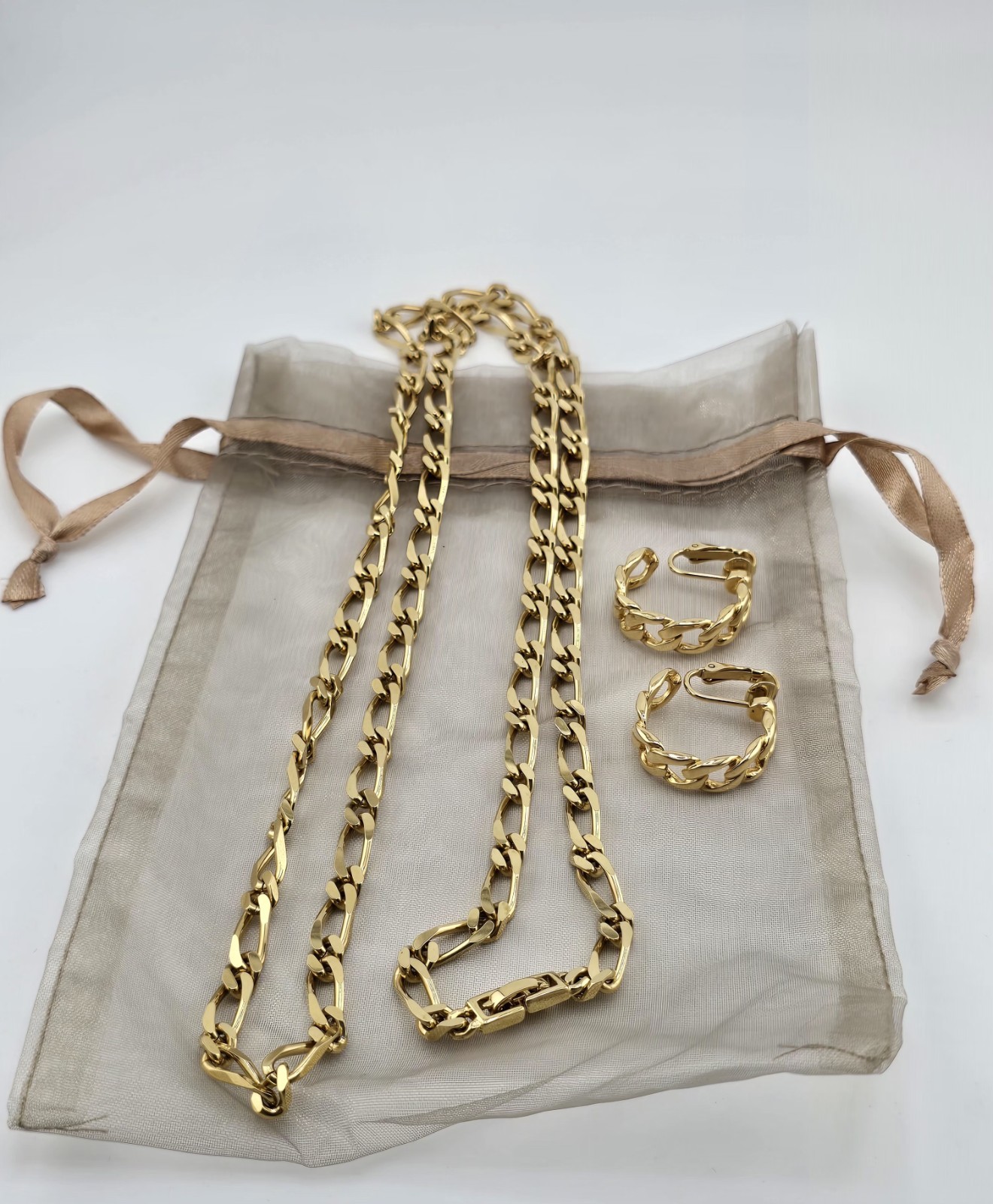 MONET 36″ LENGTH FIGARO CURB LINK NECKLACE☆ 1″ CLIP-ON EARRINGS☆GOLD-PLATED☆EC☆
