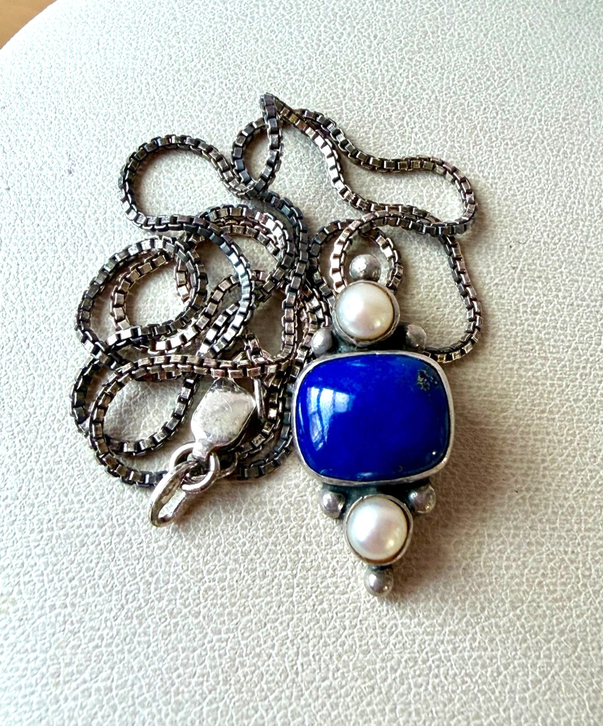 VINTAGE JGD JANICE GIRARDI LAPIS PEARL PENDANT CHAIN NECKLACE 925 STERLING SLVER