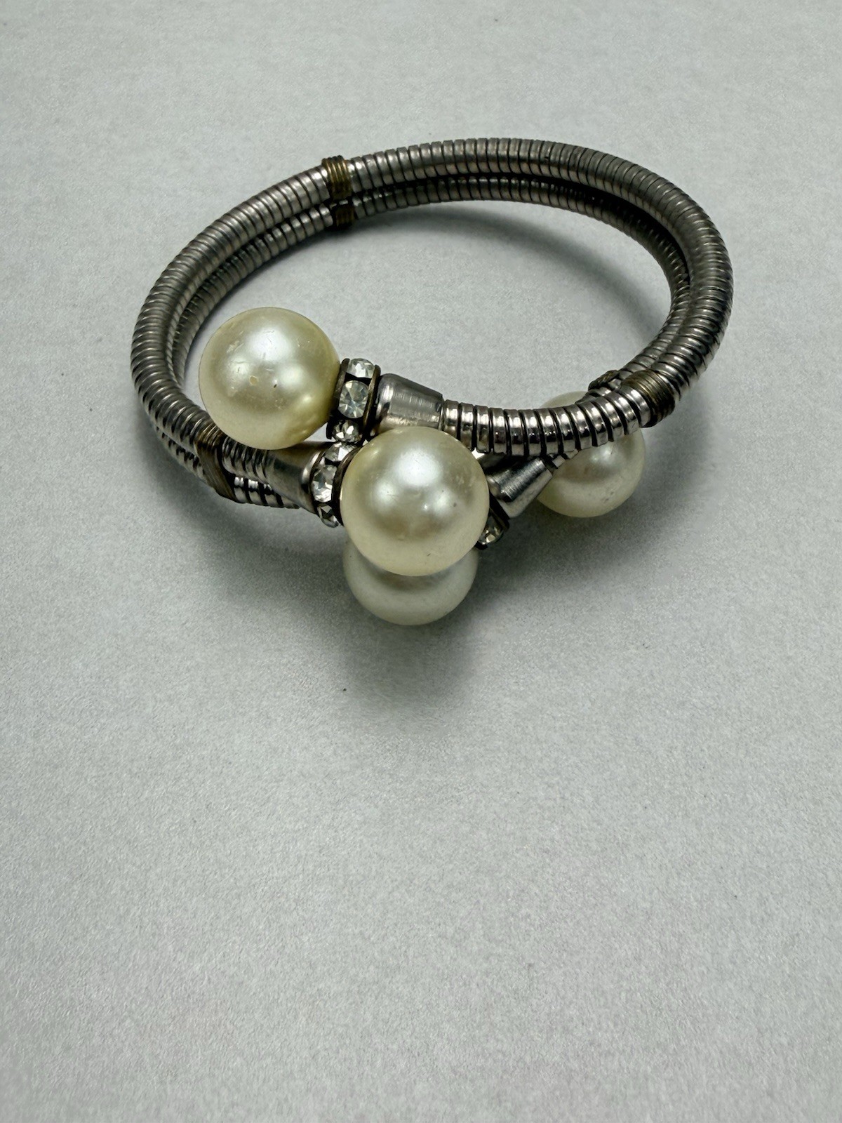 Pearl Rhinestone Wrap Bracelet Multi Strand Silver Tone Statement