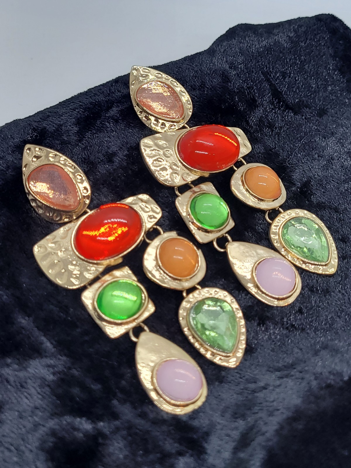 Retro GoldTone Multicolor Gemstone Dangle Drop Oversized Statement Post Earrings